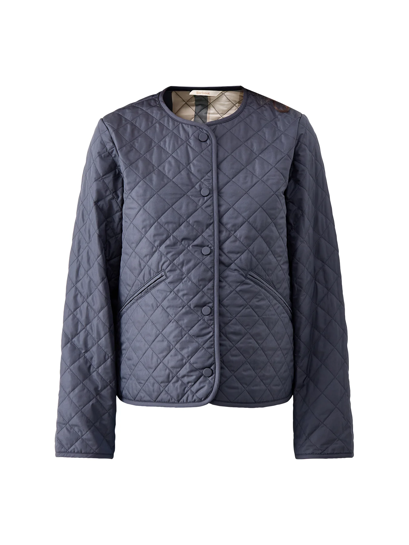 Cashel Collarless Quilted Jacket Navy Tartan