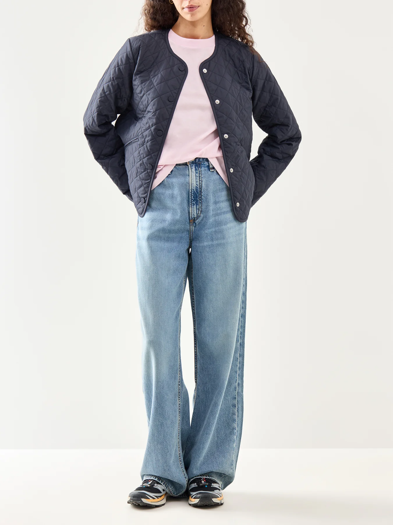 Cashel Collarless Quilted Jacket Navy Tartan - Image 2