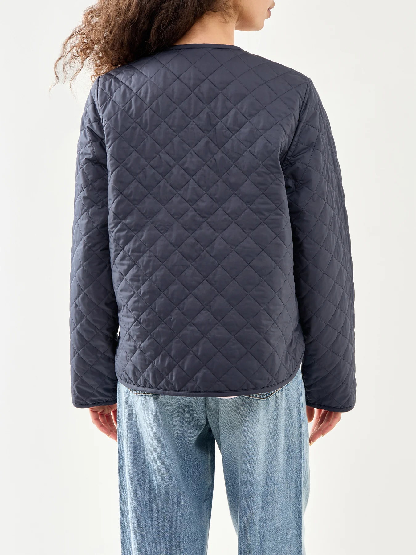 Cashel Collarless Quilted Jacket Navy Tartan - Image 5