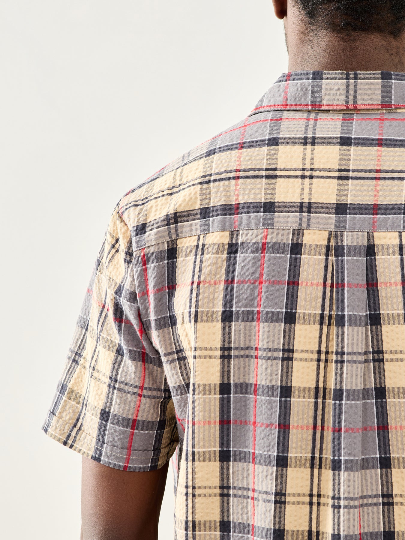 Clyde Seersucker Tartan Short Sleeve Shirt Beige - Image 3