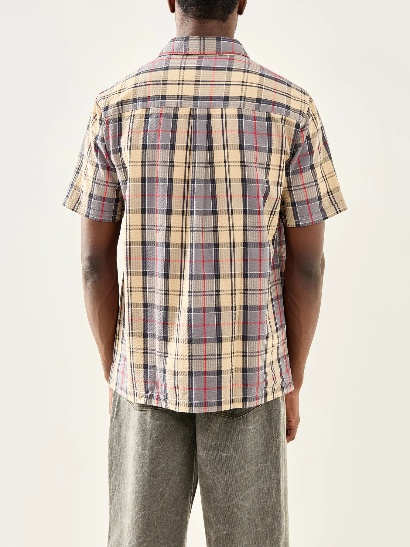 Clyde Seersucker Tartan Short Sleeve Shirt Beige - Image 5