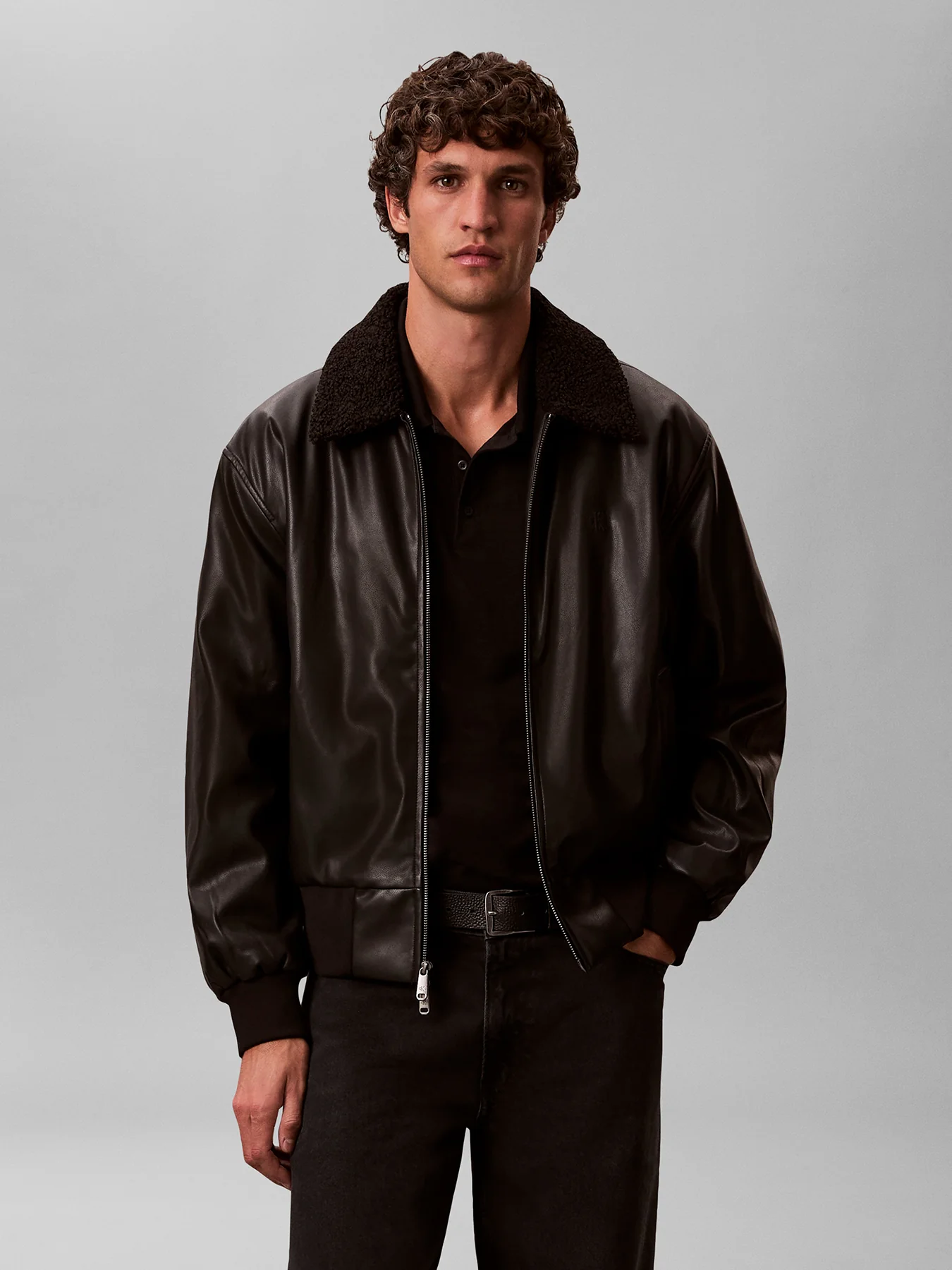 Faux Leather Bomber Jacket Black - Image 3