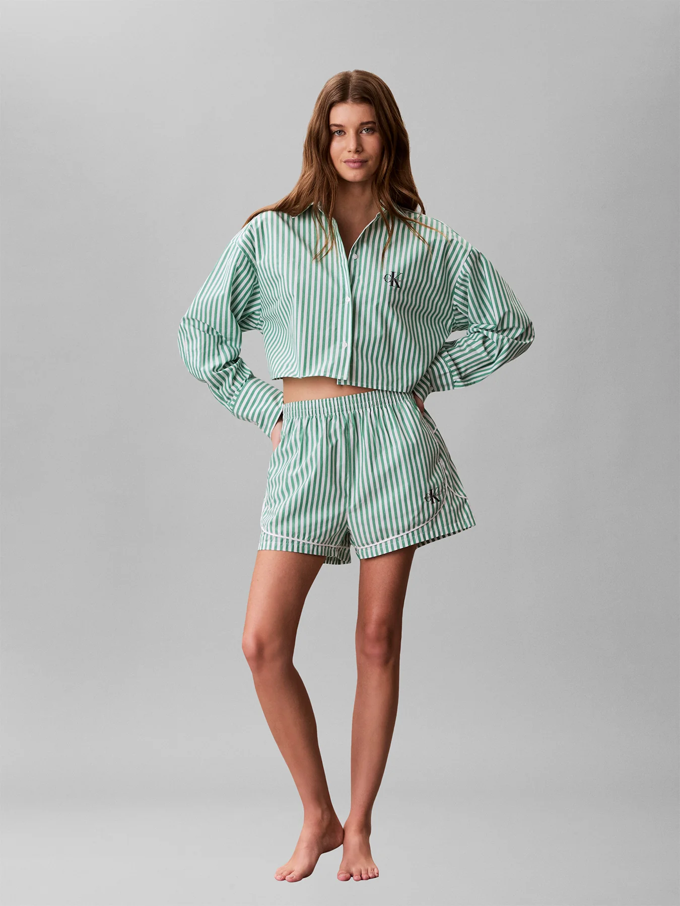 Cotton Poplin Cropped Pyjama Shirt Stripe - Image 2