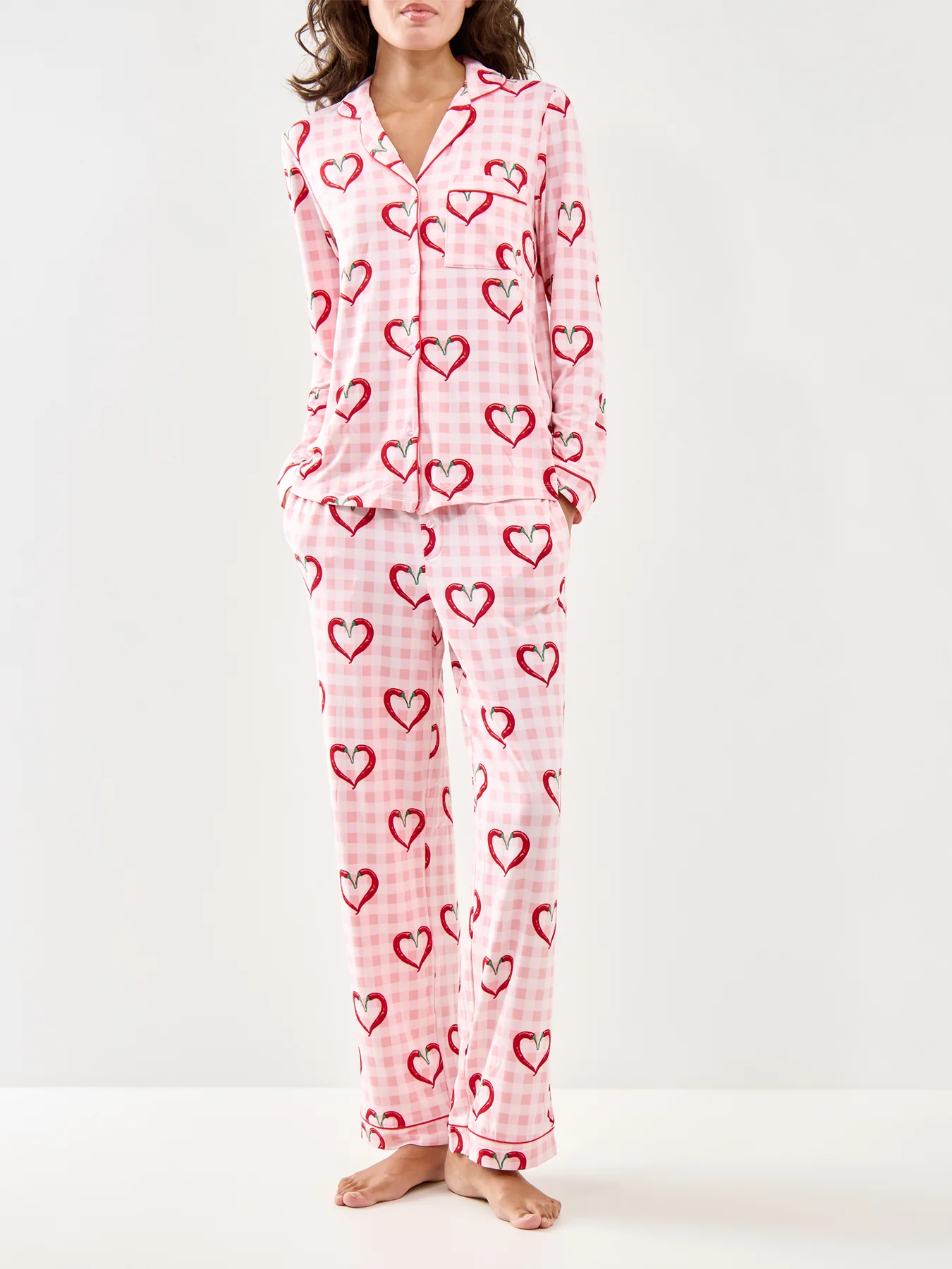 Chilli Heart Gingham Long Pyjama Set Pink - Image 2