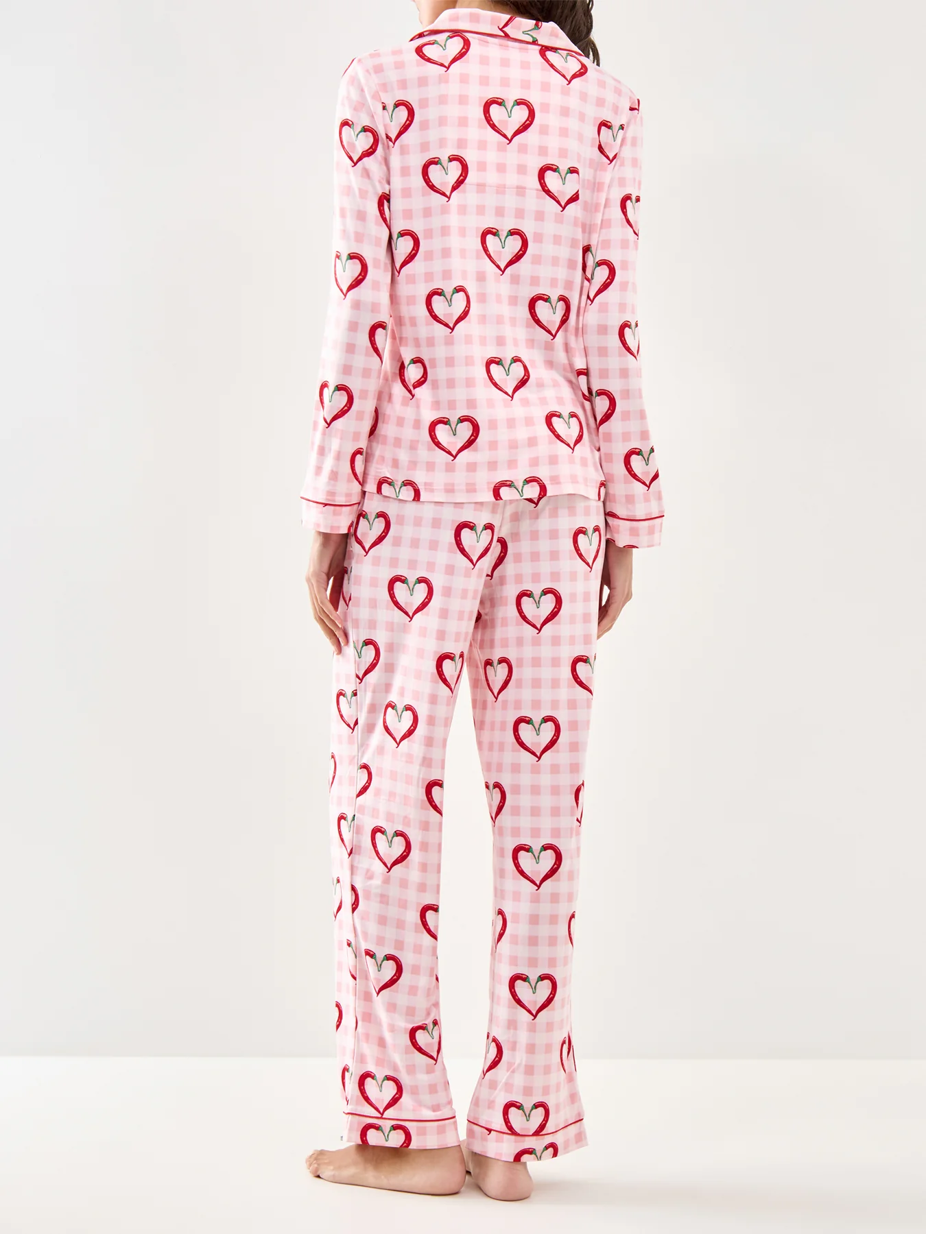 Chilli Heart Gingham Long Pyjama Set Pink - Image 3