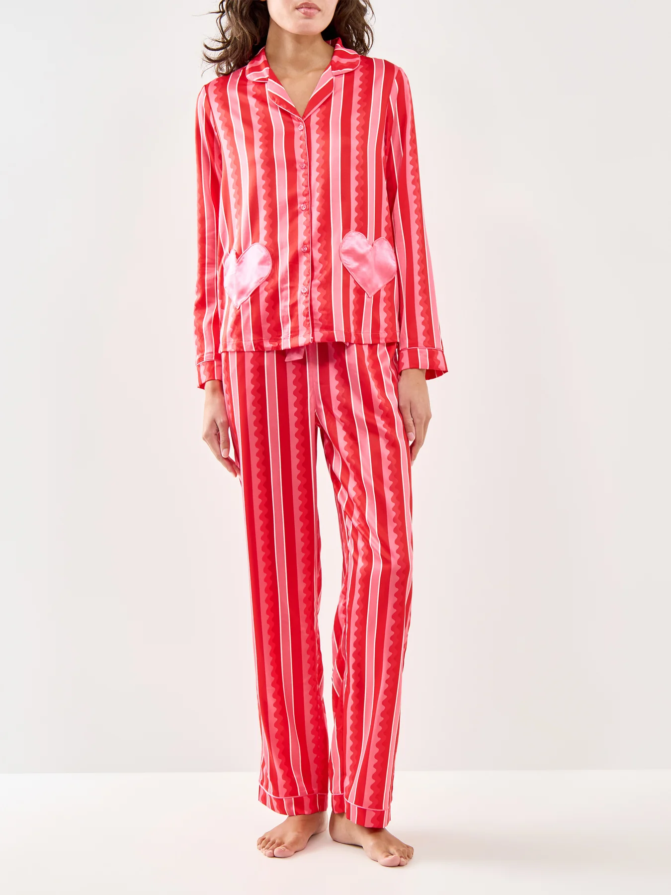 Peers Tonal Wiggle Satin Long Pyjama Set Pink - Image 2
