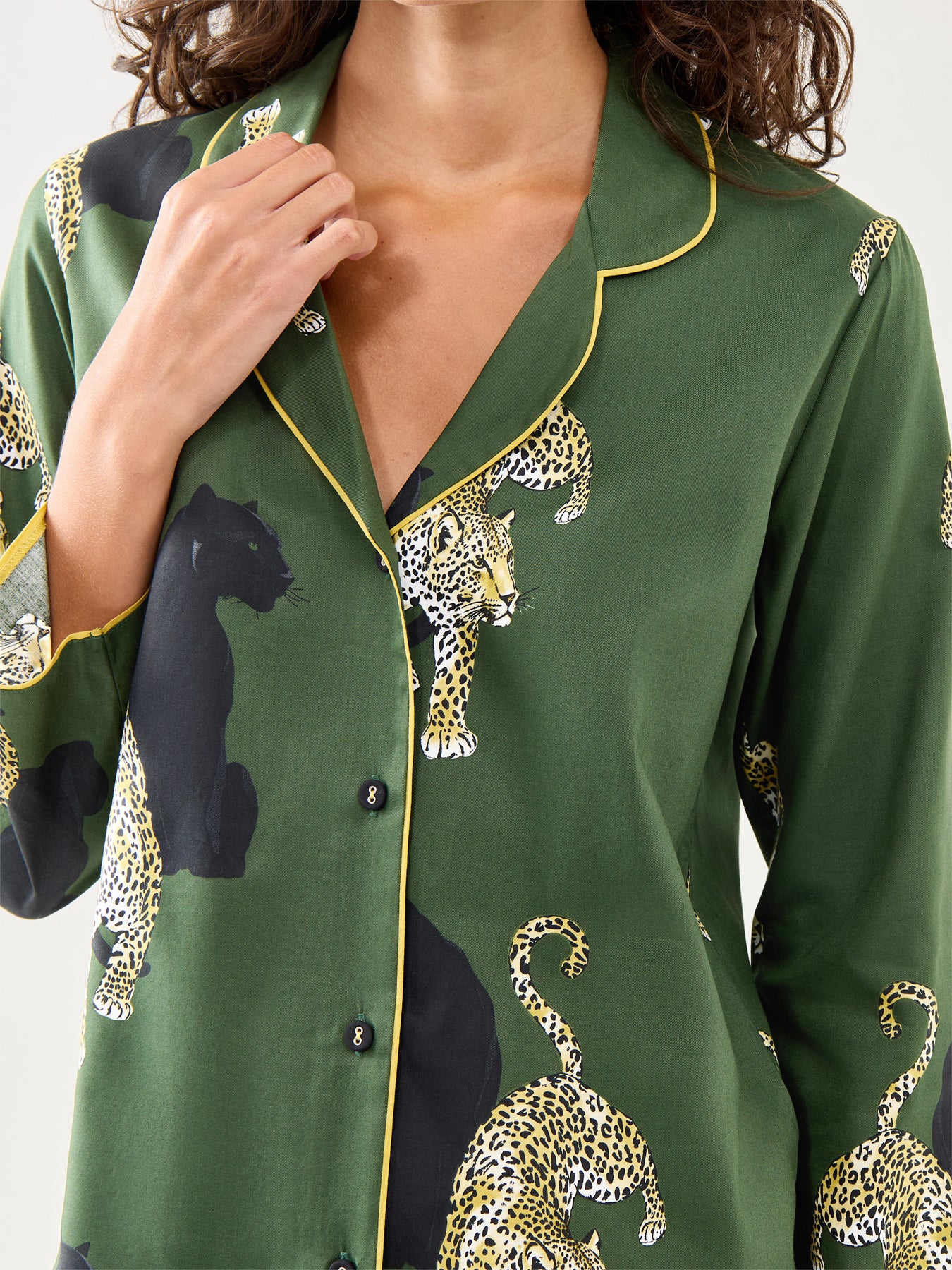 Leopard Print Pyjama Top Olive Green - Image 4