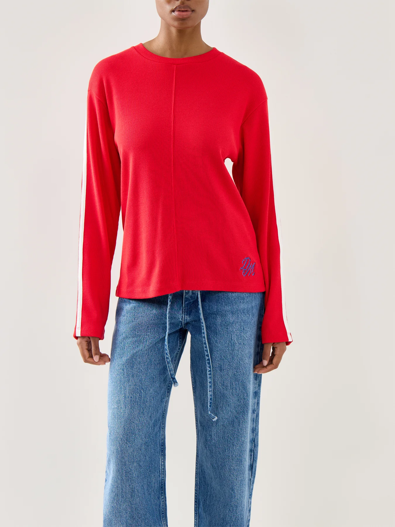 Lilah Stripe Long Sleeves Cotton Top Red Pointelle - Image 4
