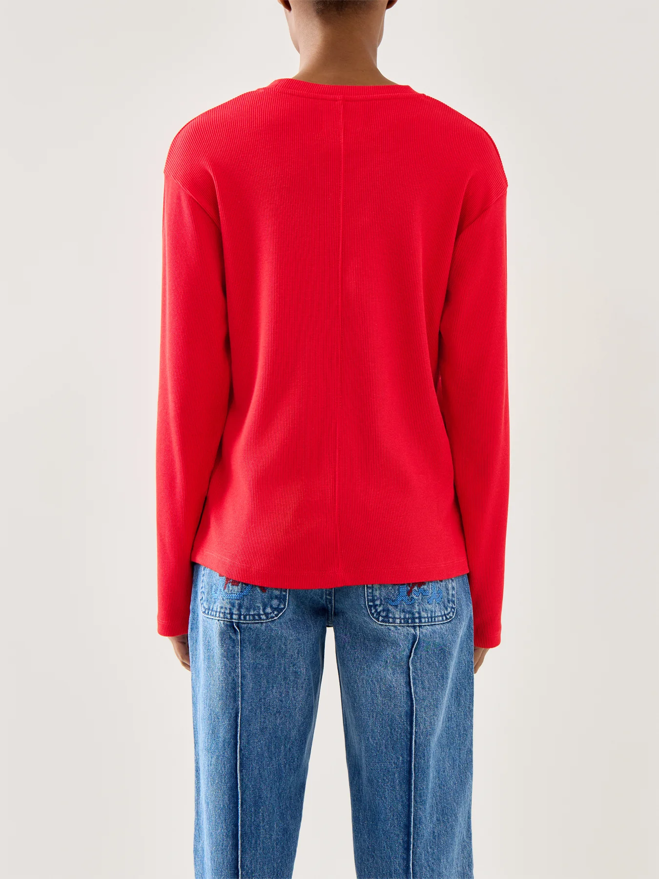 Lilah Stripe Long Sleeves Cotton Top Red Pointelle - Image 5