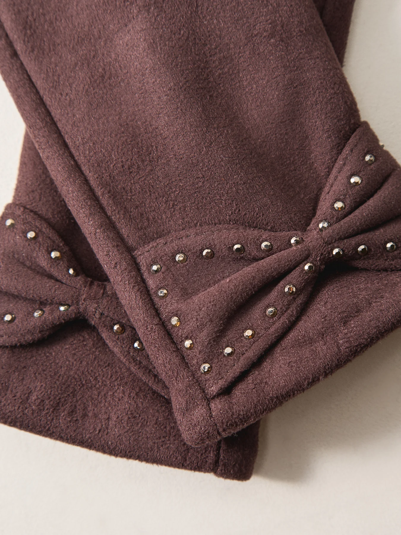 Faux Suede Bow Stud Gloves Brown - Image 2