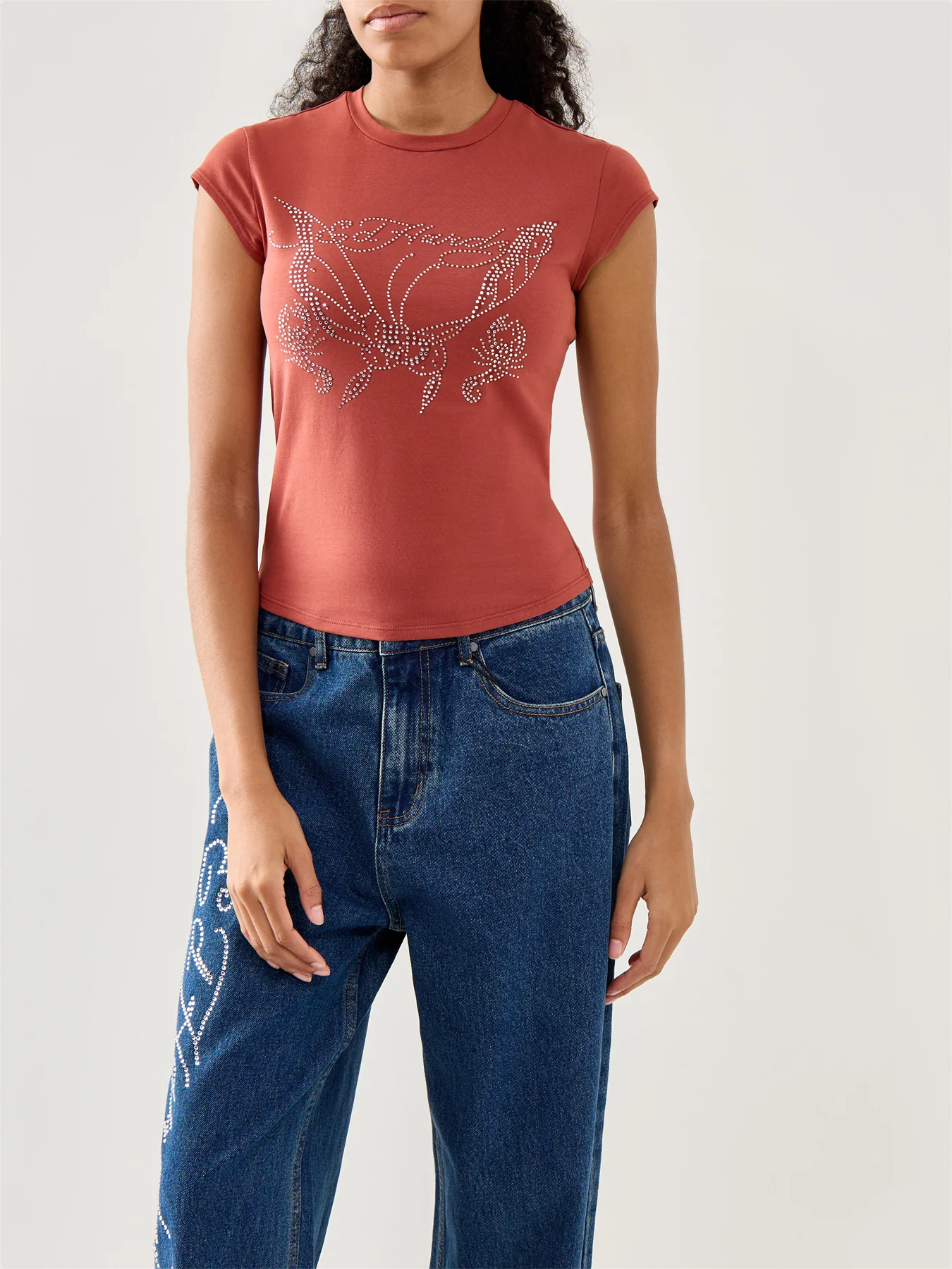 Butterfly Diamante Cap Sleeve T-Shirt Top Red - Image 4