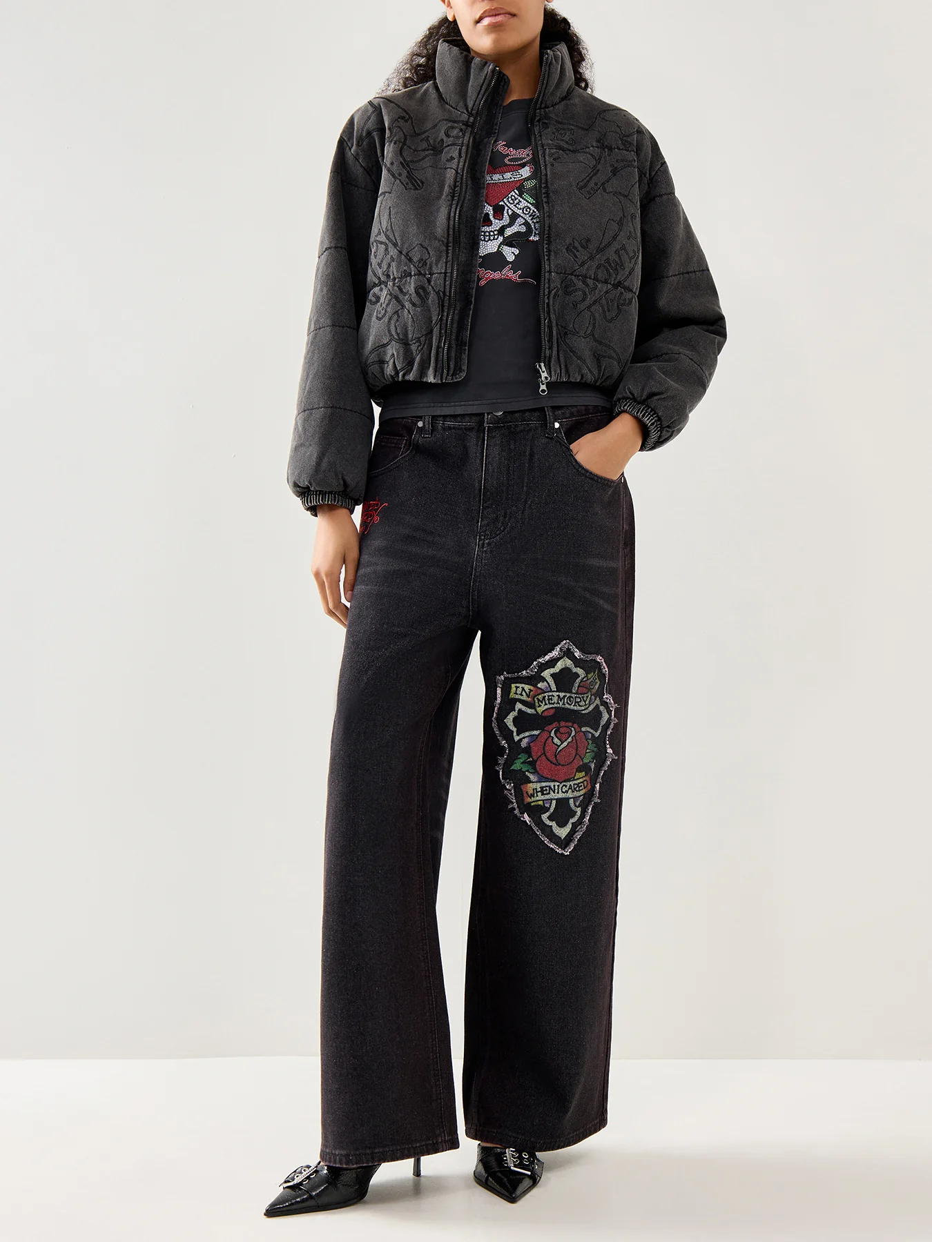 Love Kills Quilted Puffer Jacket Black - Image 2