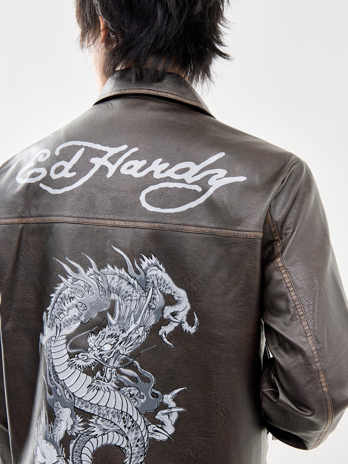 Vintage Washed Vegan Leather Motocross Jacket Brown - Image 3
