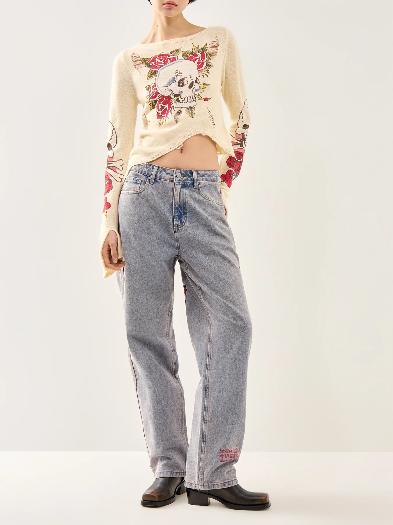Skull And Roses Distressed Knit Ecru - Image 2