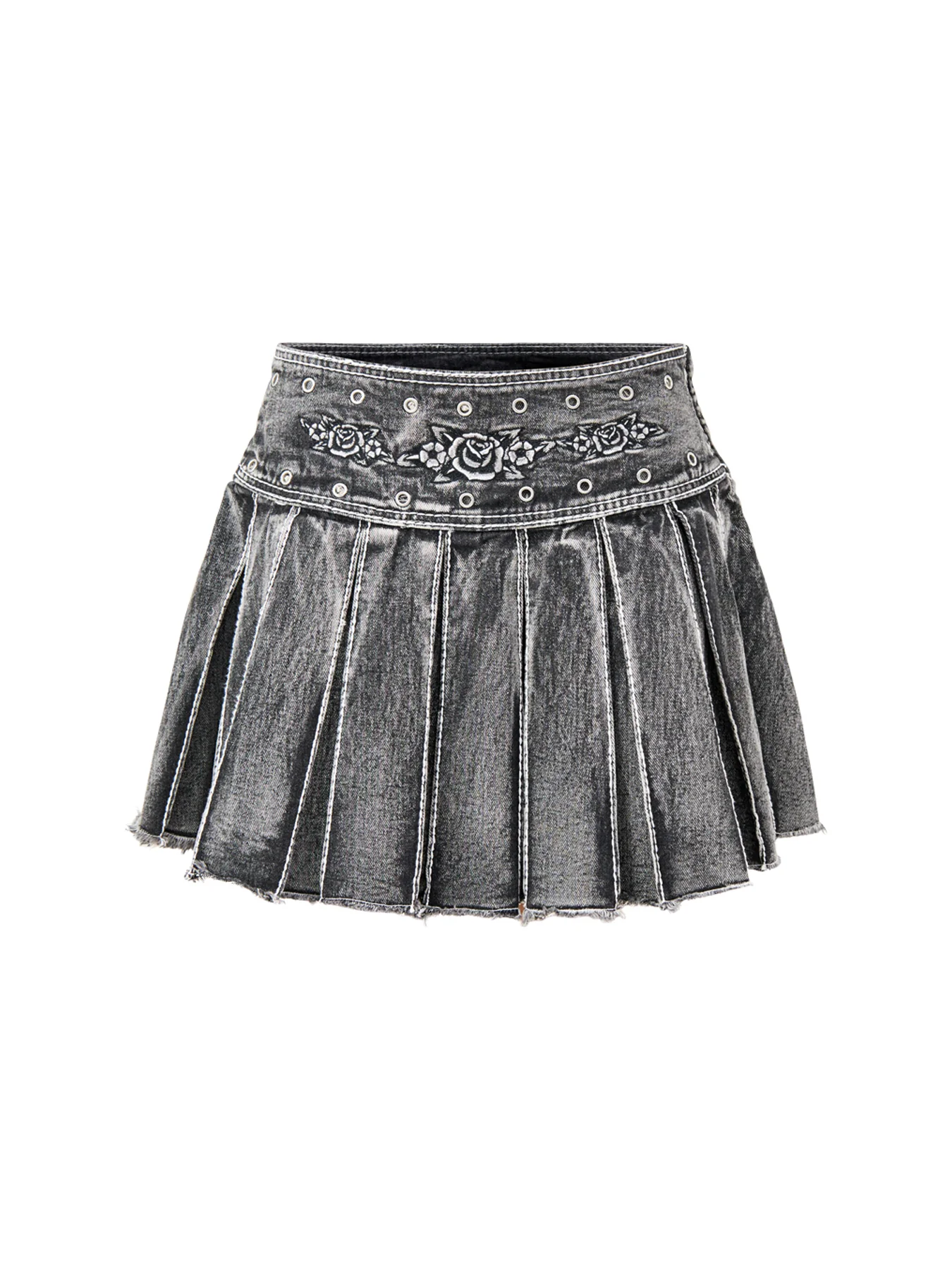 Contrast Stitch Pleated Rose Skirt Black