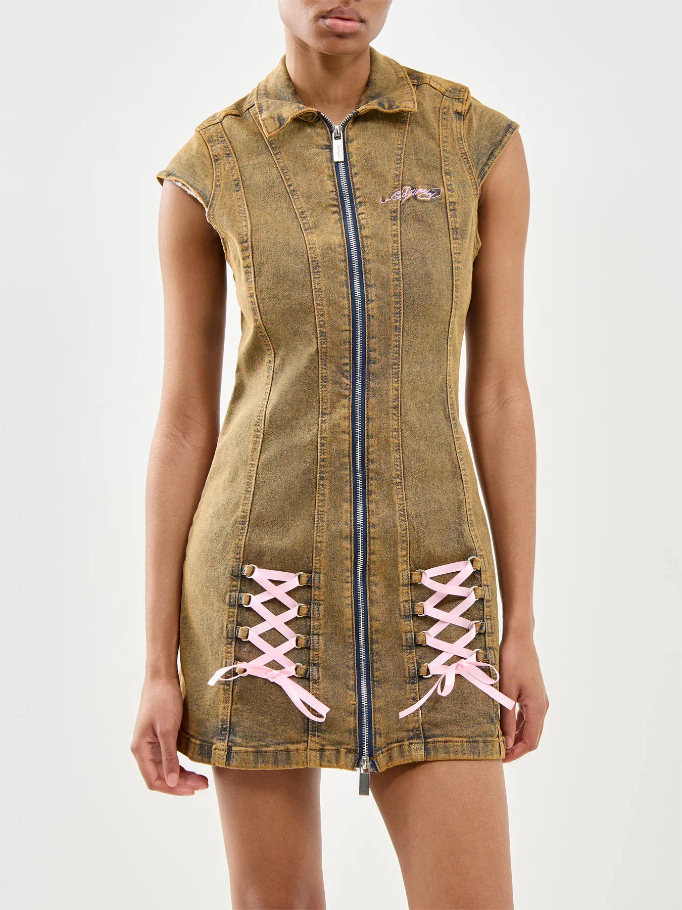 Lotus Flower Seam Detail Tie Up Denim Dress Beige - Image 4