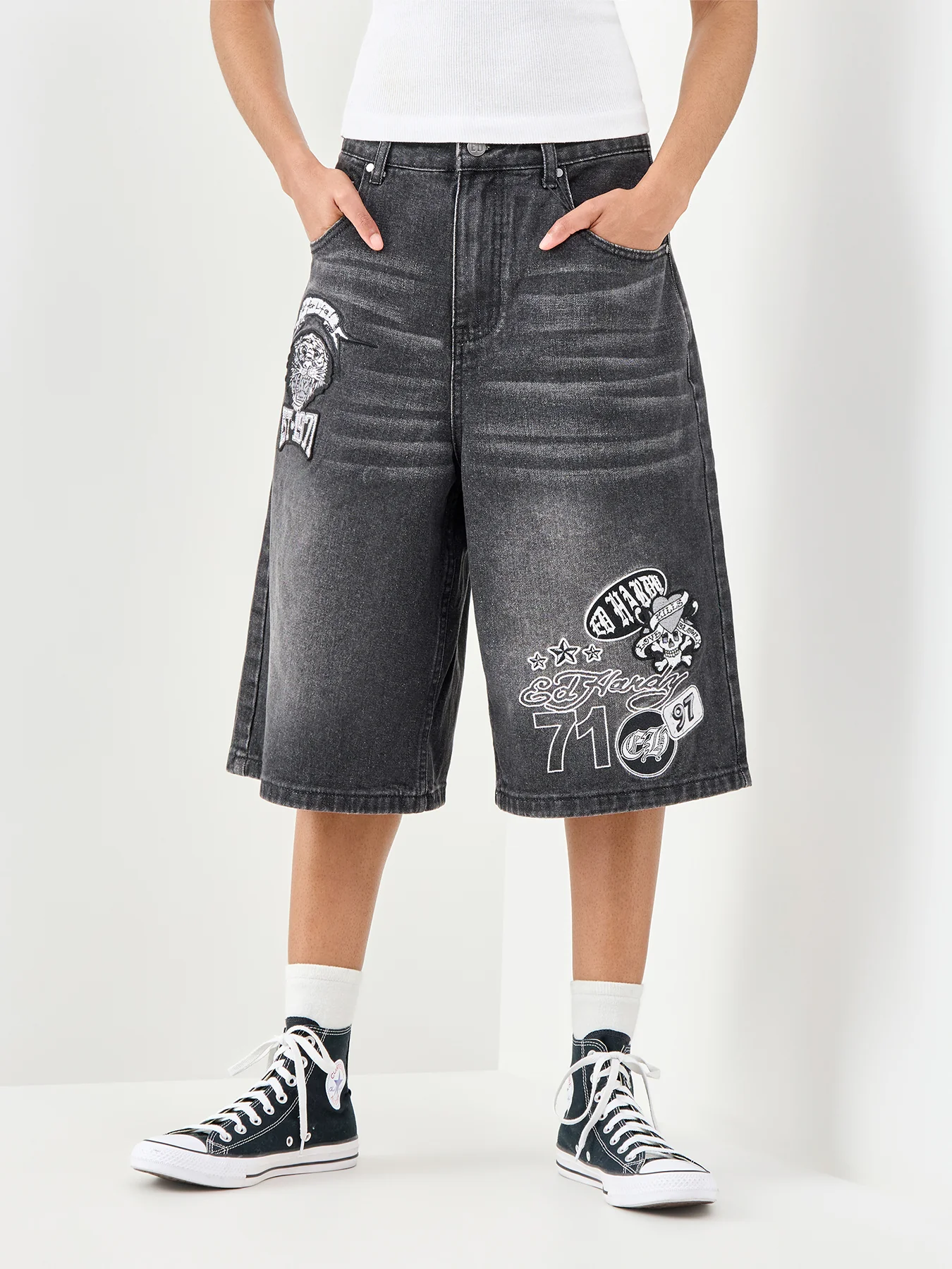 Multi Badge Tattoo Denim Jorts Black - Image 4