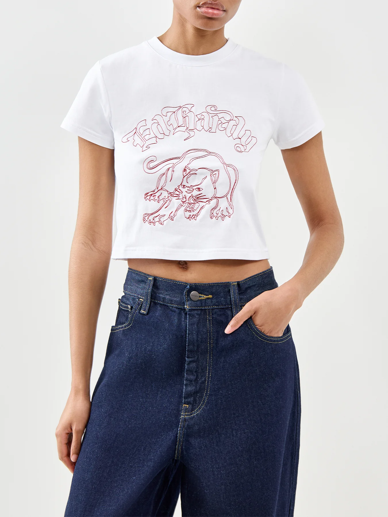 Panther Embroidered Baby Tee White - Image 4