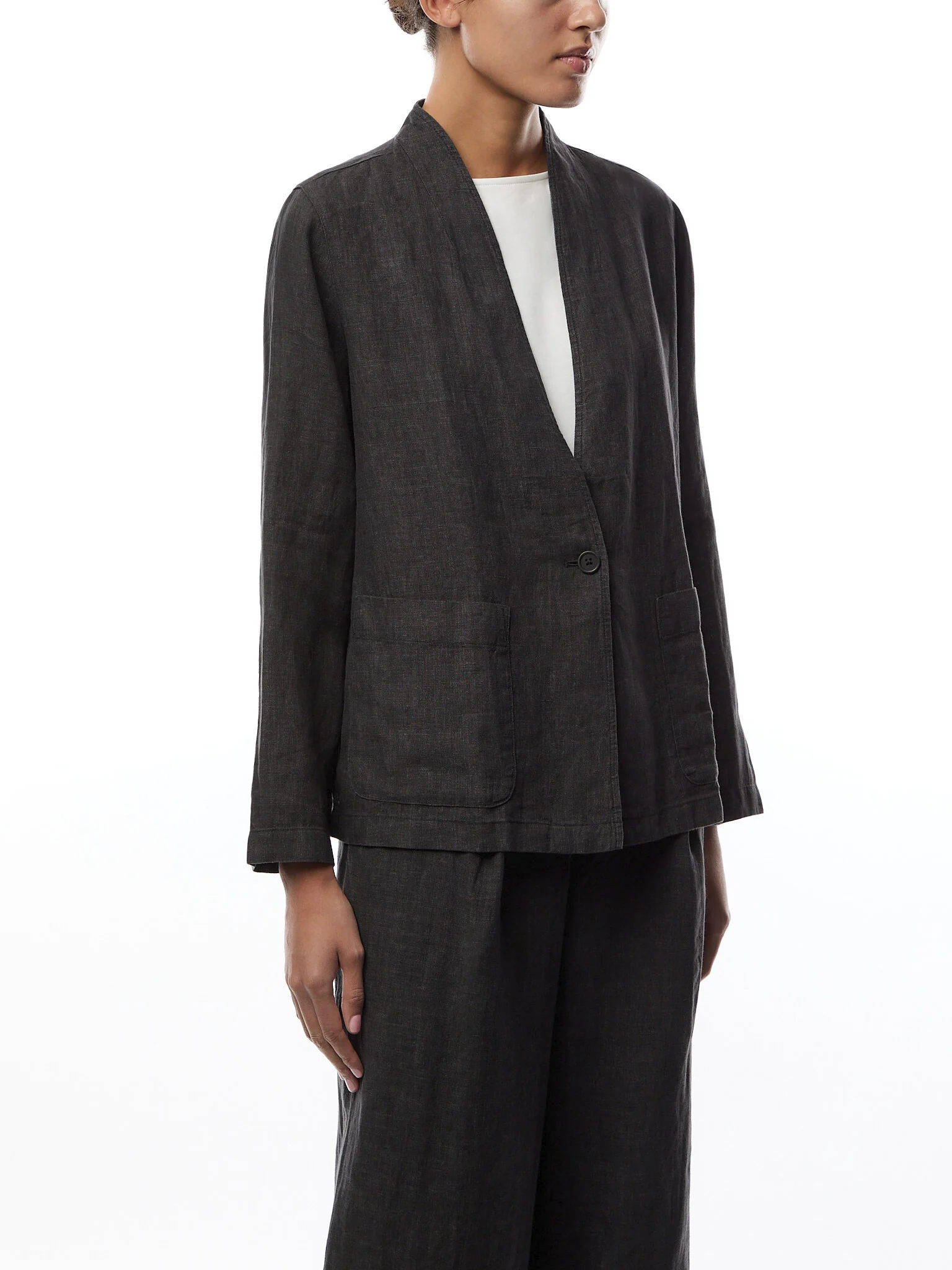 High Waisted Pleated Linen Trousers Grey - Image 4