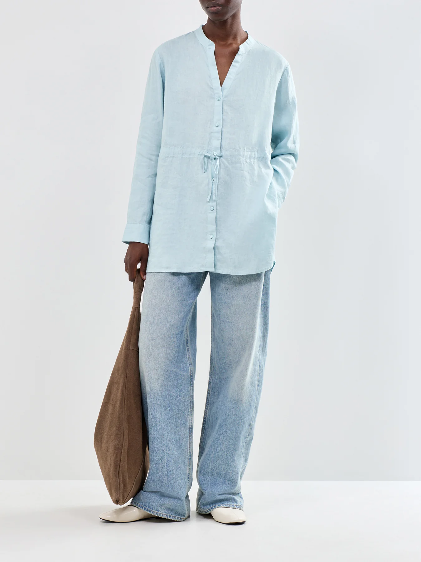 Mandarin Collar Long Shirt Blue - Image 2