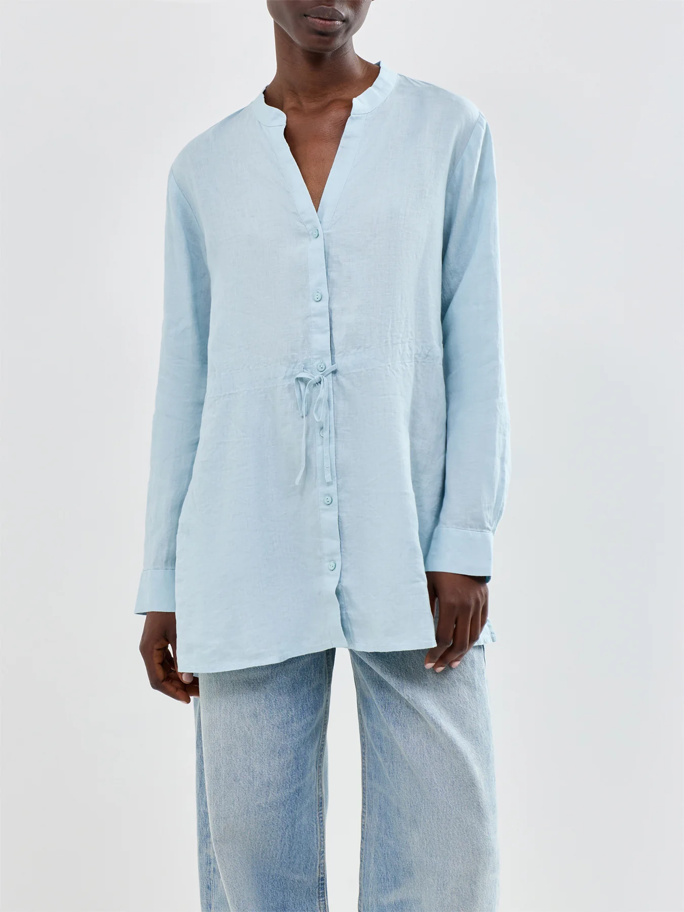 Mandarin Collar Long Shirt Blue - Image 4