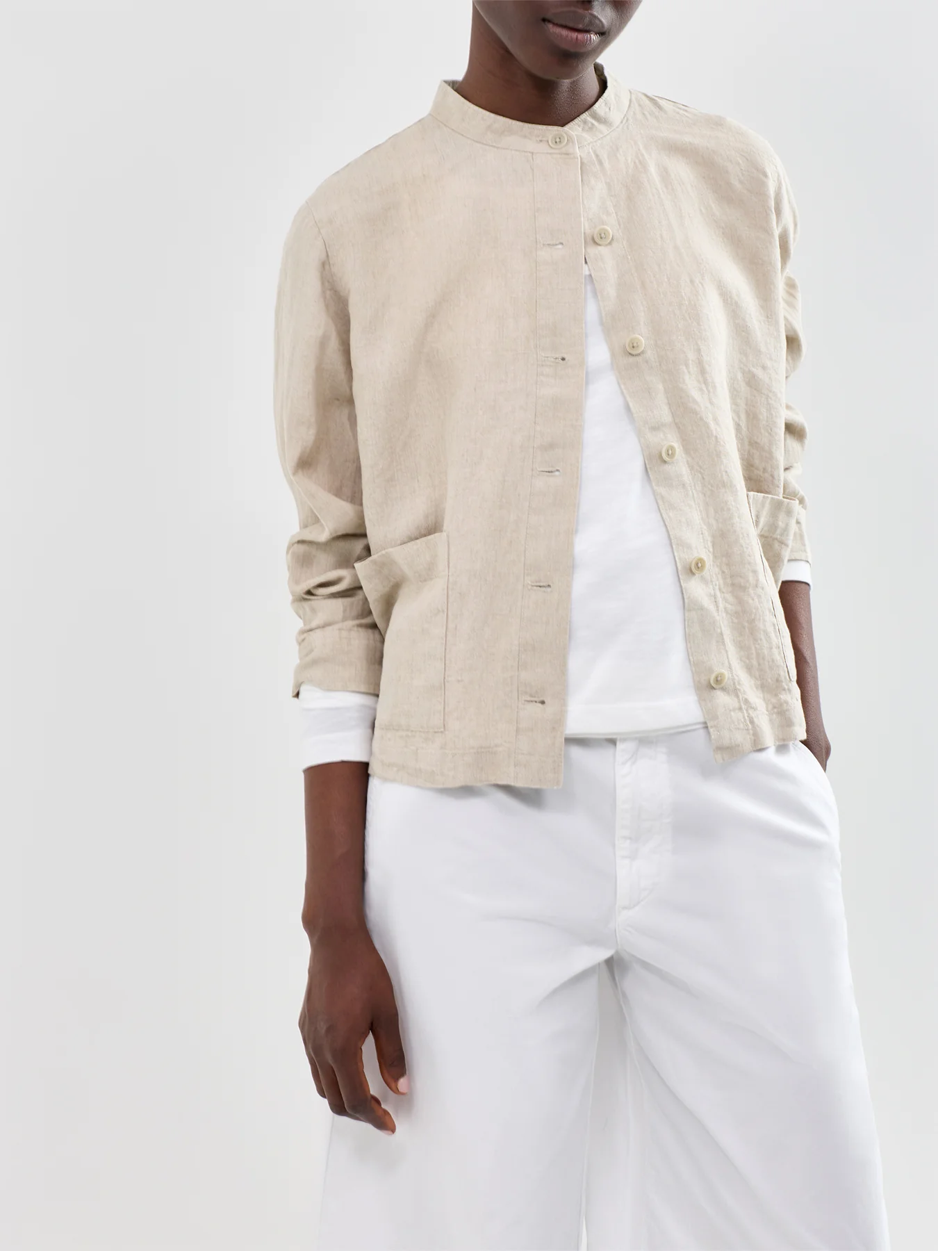 Mandarin Collar Shirt Jacket Beige - Image 4