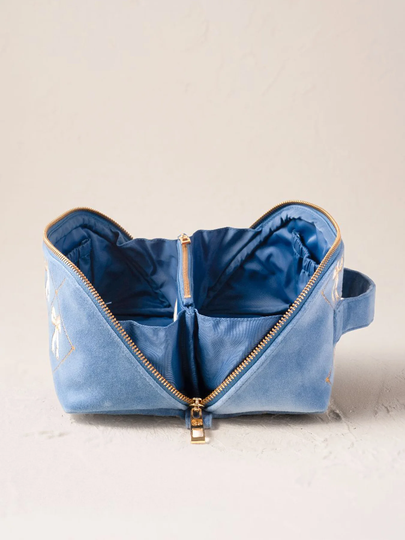 Lattice Bows Velvet Open Flat Makeup Bag Dusky Blue - Image 2