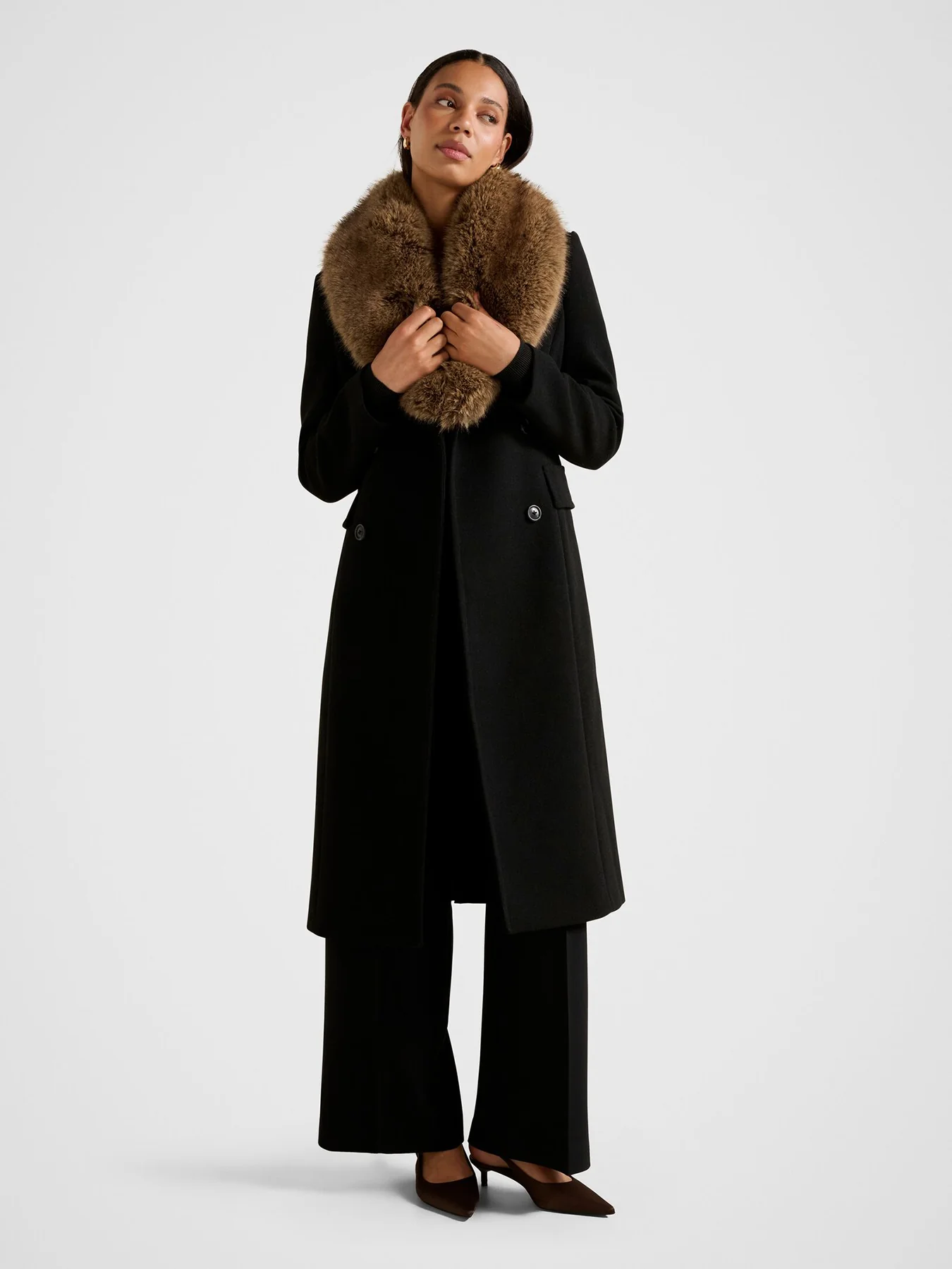 Chelsea Double Breasted Fur Collar Coat Black - Image 4