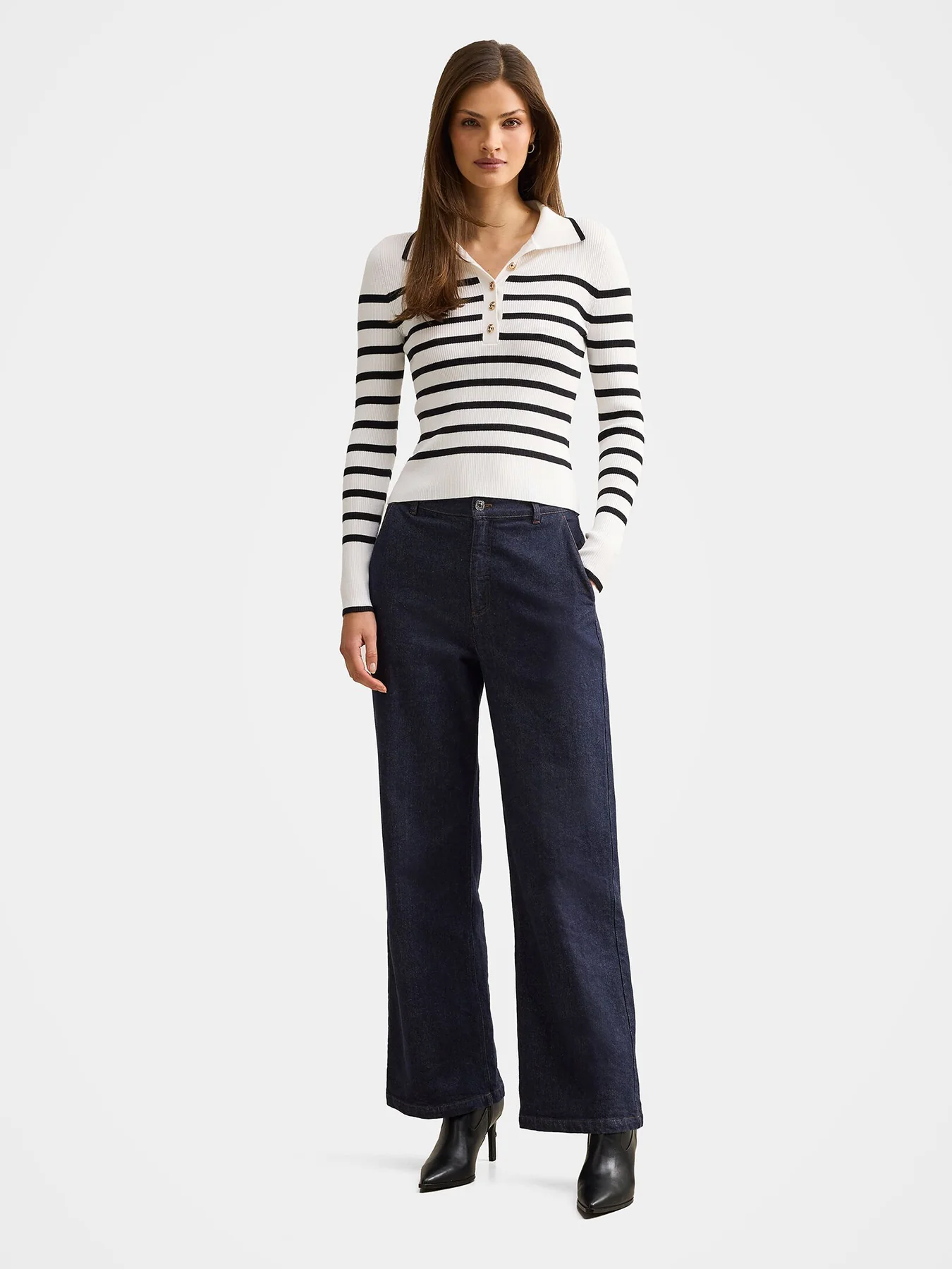 Sasha Ribbed Knitted Polo T-shirt Mono Stripe - Image 2