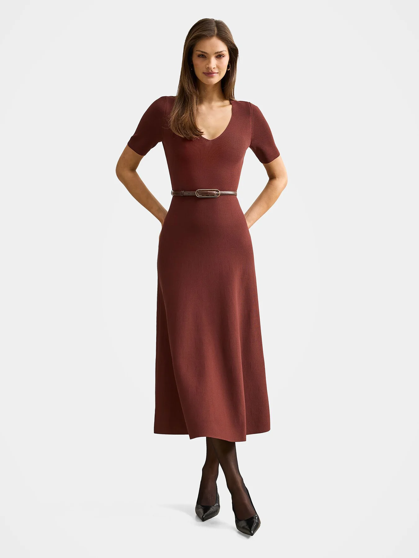 Celia Short Sleeve Midi Dress Chestnut Brown - Image 2