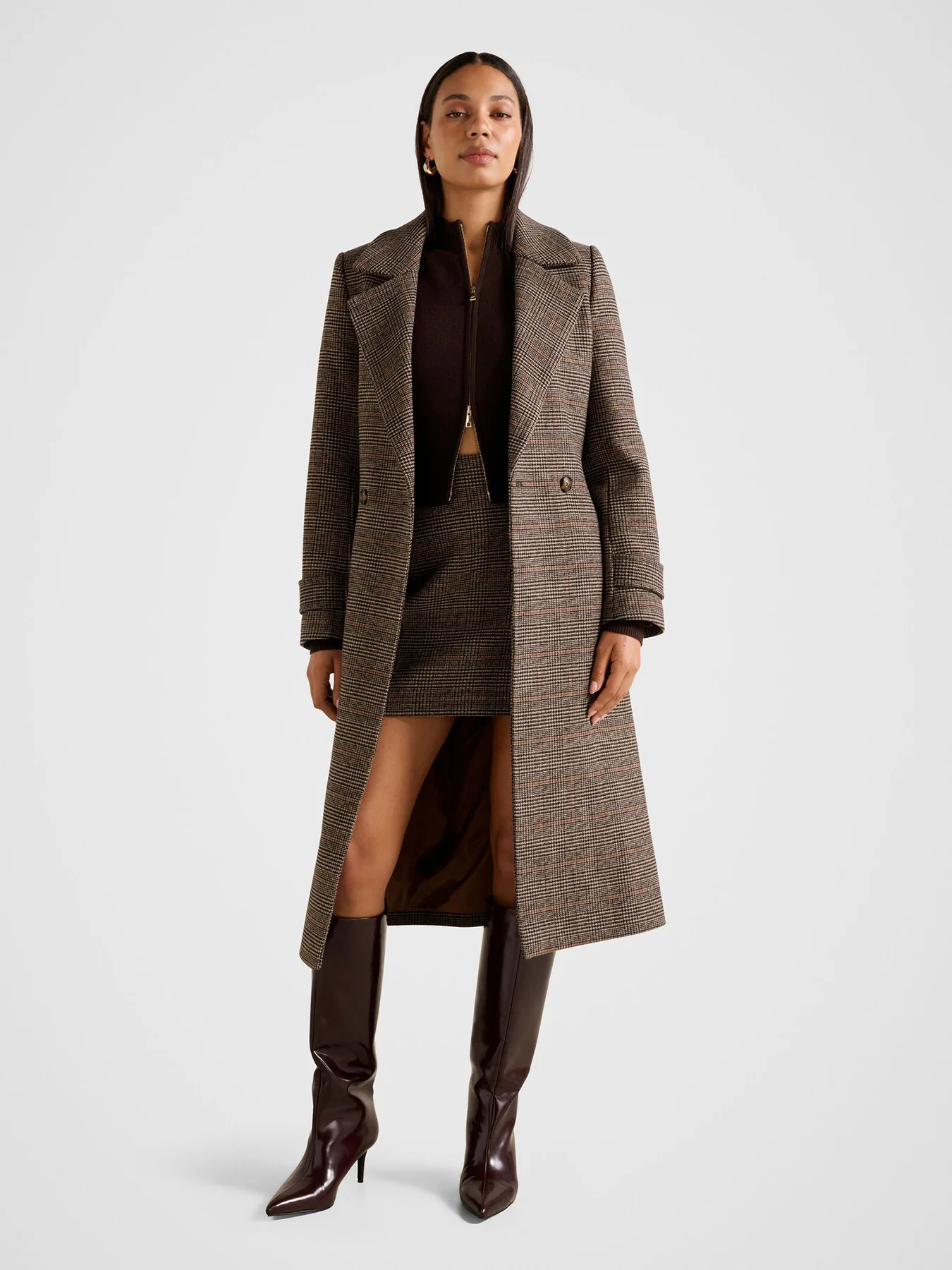 Luccia Belted Check Coat Brown - Image 4