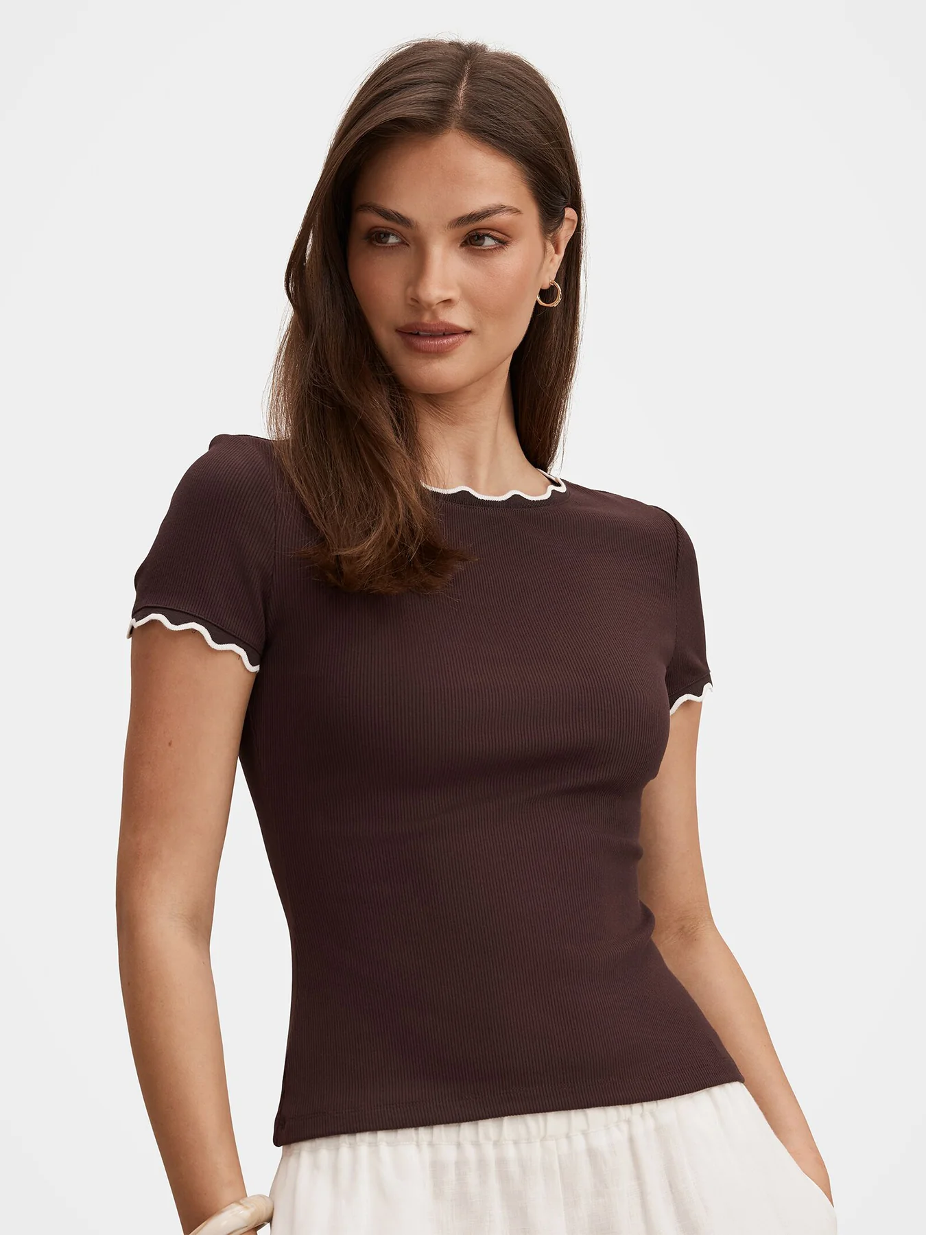 Rebecca Scallop Trim T-Shirt Brown - Image 5