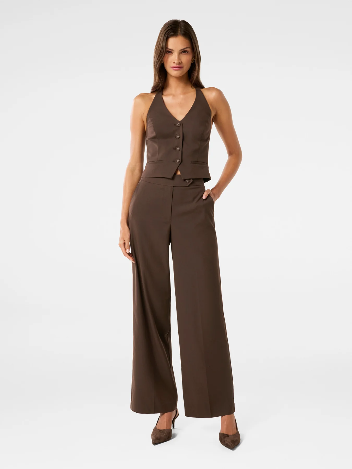 Tyla Button Tab Wide Leg Pants Chocolate Set - Image 2