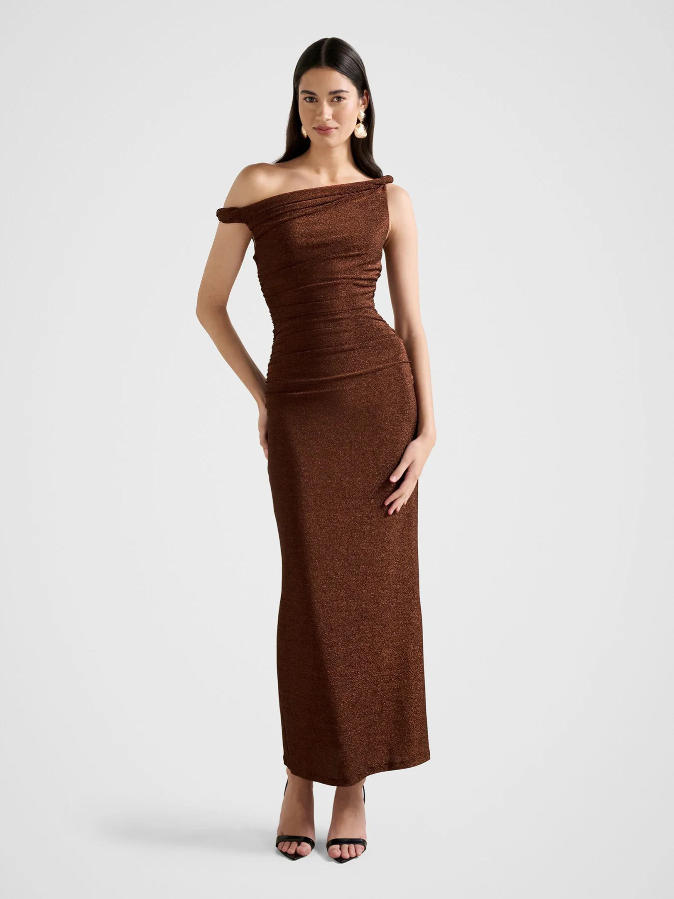 Vivian Asymmetric Twist Maxi Dress Brown - Image 2