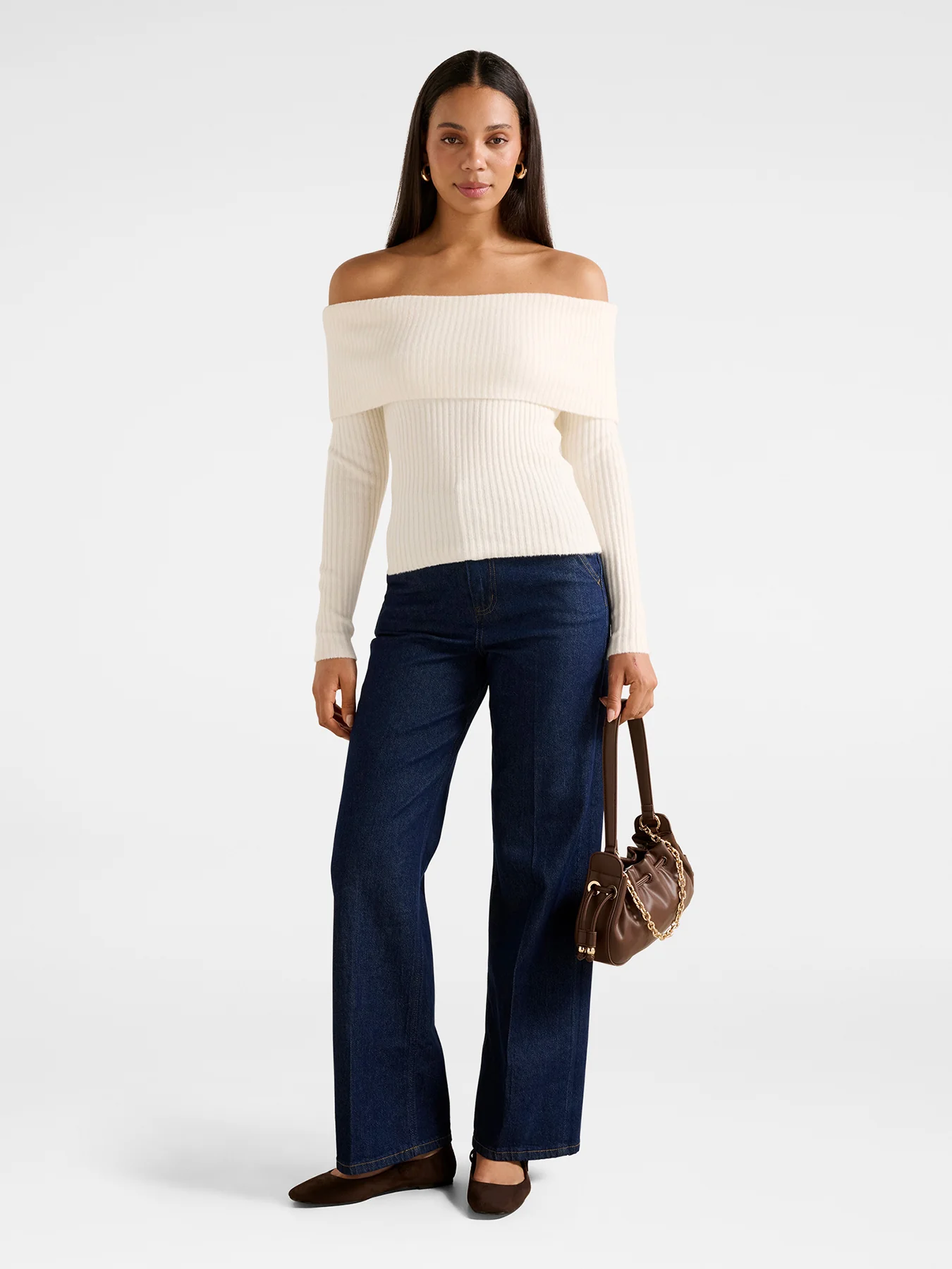 Ashley Ribbed Bardot Top Beige - Image 2