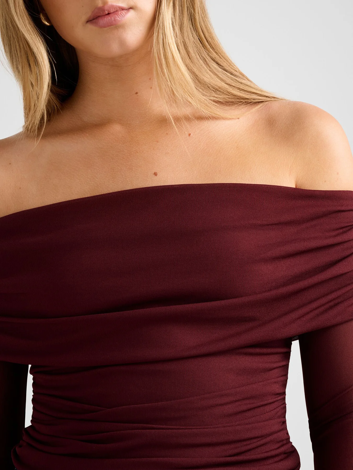 Kaia Ruched Mesh Bardot Neck Top Red - Image 5