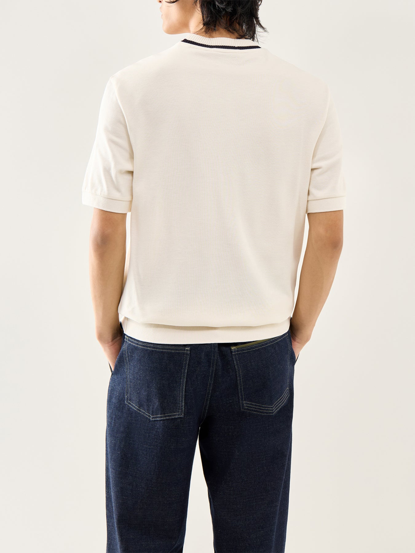 Crew Neck Pique T-Shirt Ecru - Image 5