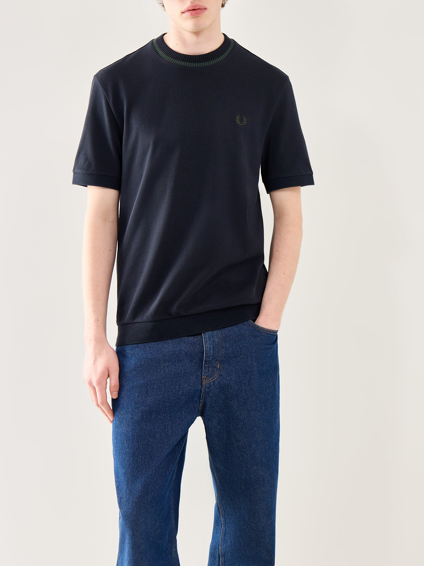 Crew Neck Pique T-Shirt Navy - Image 4