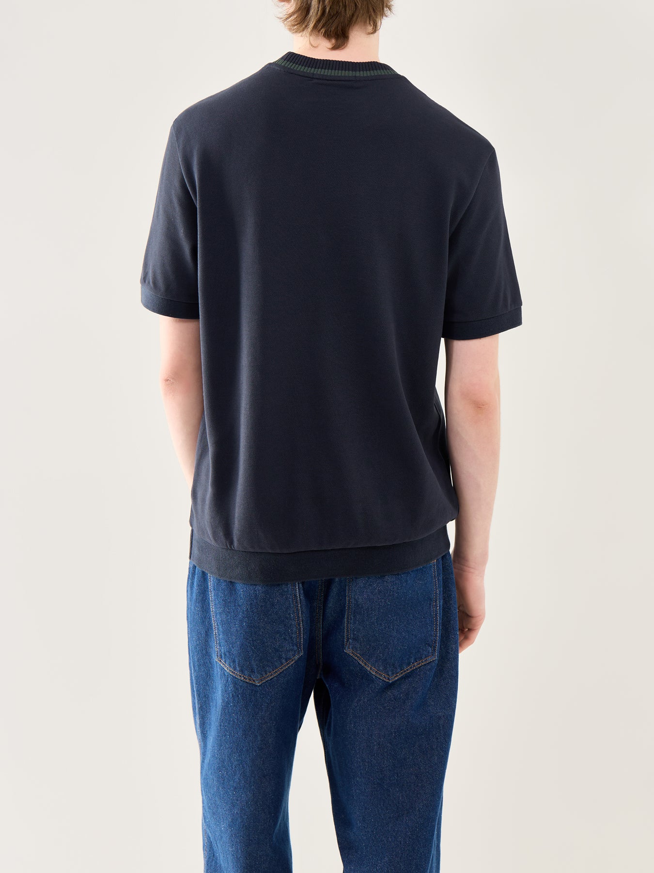 Crew Neck Pique T-Shirt Navy - Image 5