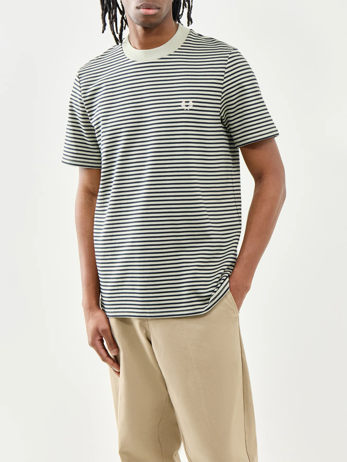 Fred Perry Fine Stripe Heavyweight Cotton T-Shirt Green - Image 4