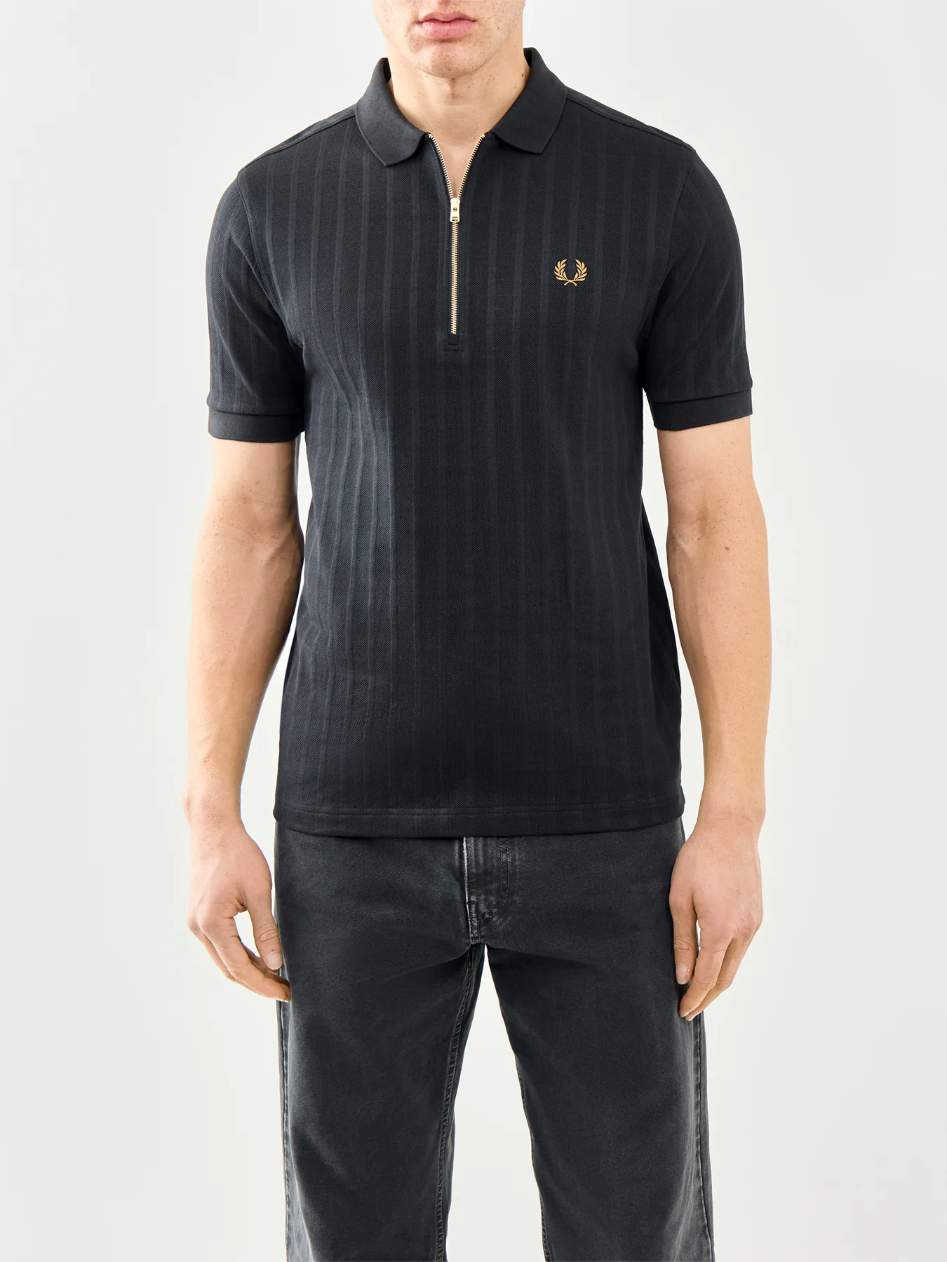 Striped Zip Polo Shirt Black - Image 4
