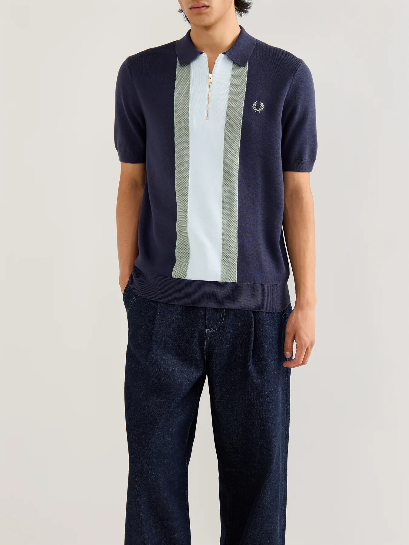 Textured Stripe Knitted Zip Polo - Image 4