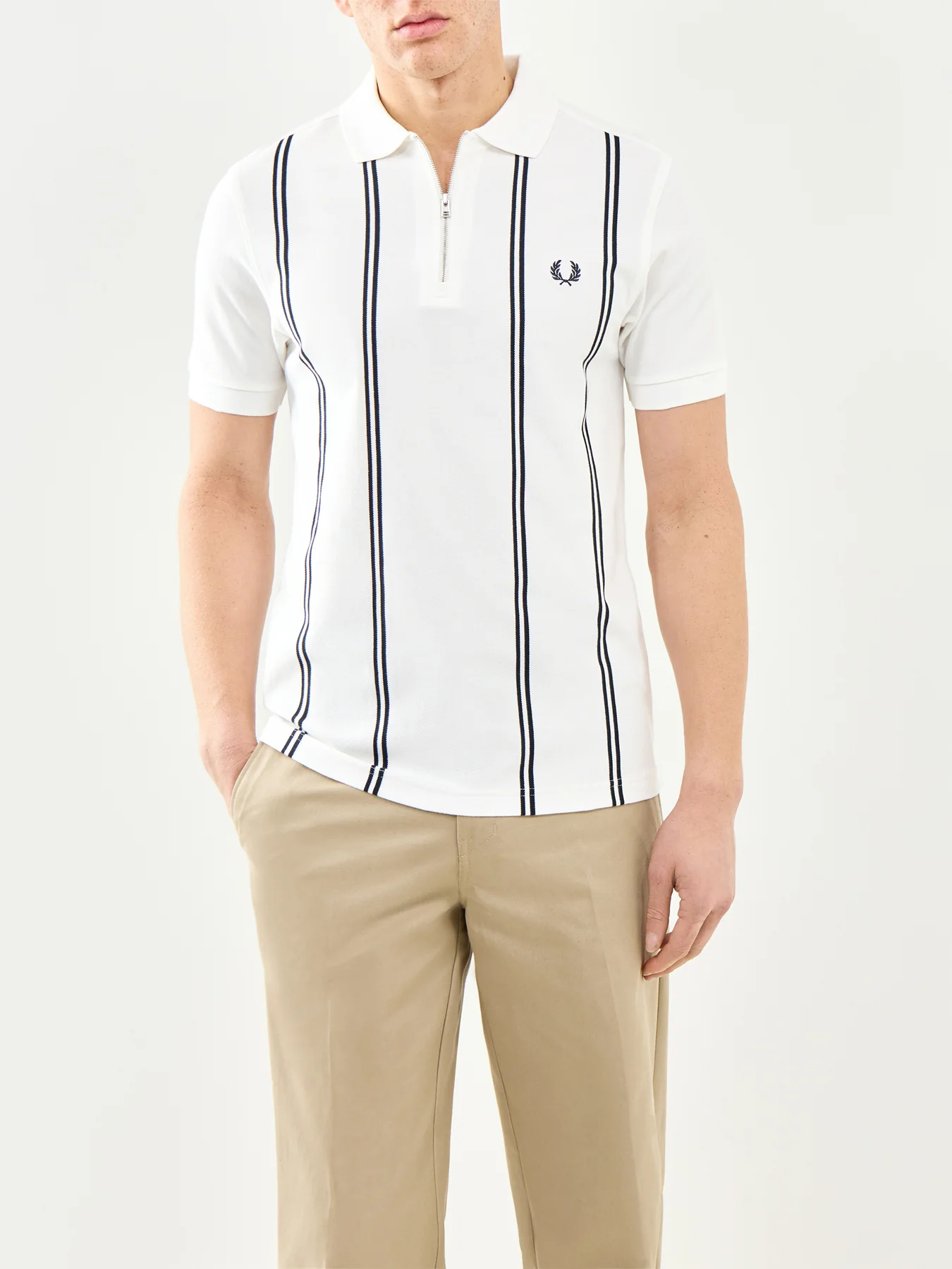 Vertical Stripe Zip Polo Shirt White - Image 4