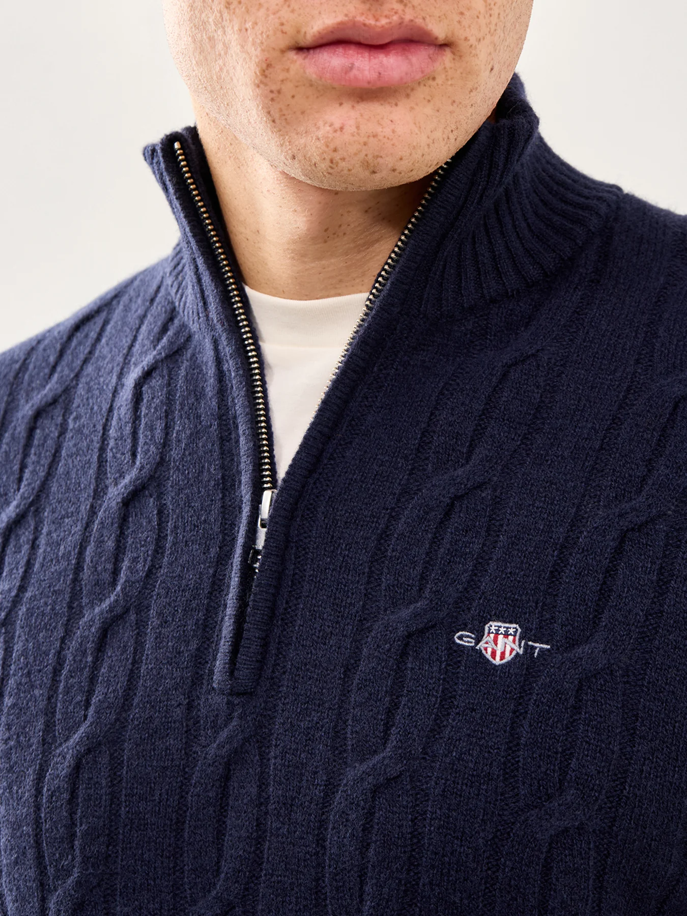 Lambswool Cable Half-Zip Jumper Evening Blue - Image 3