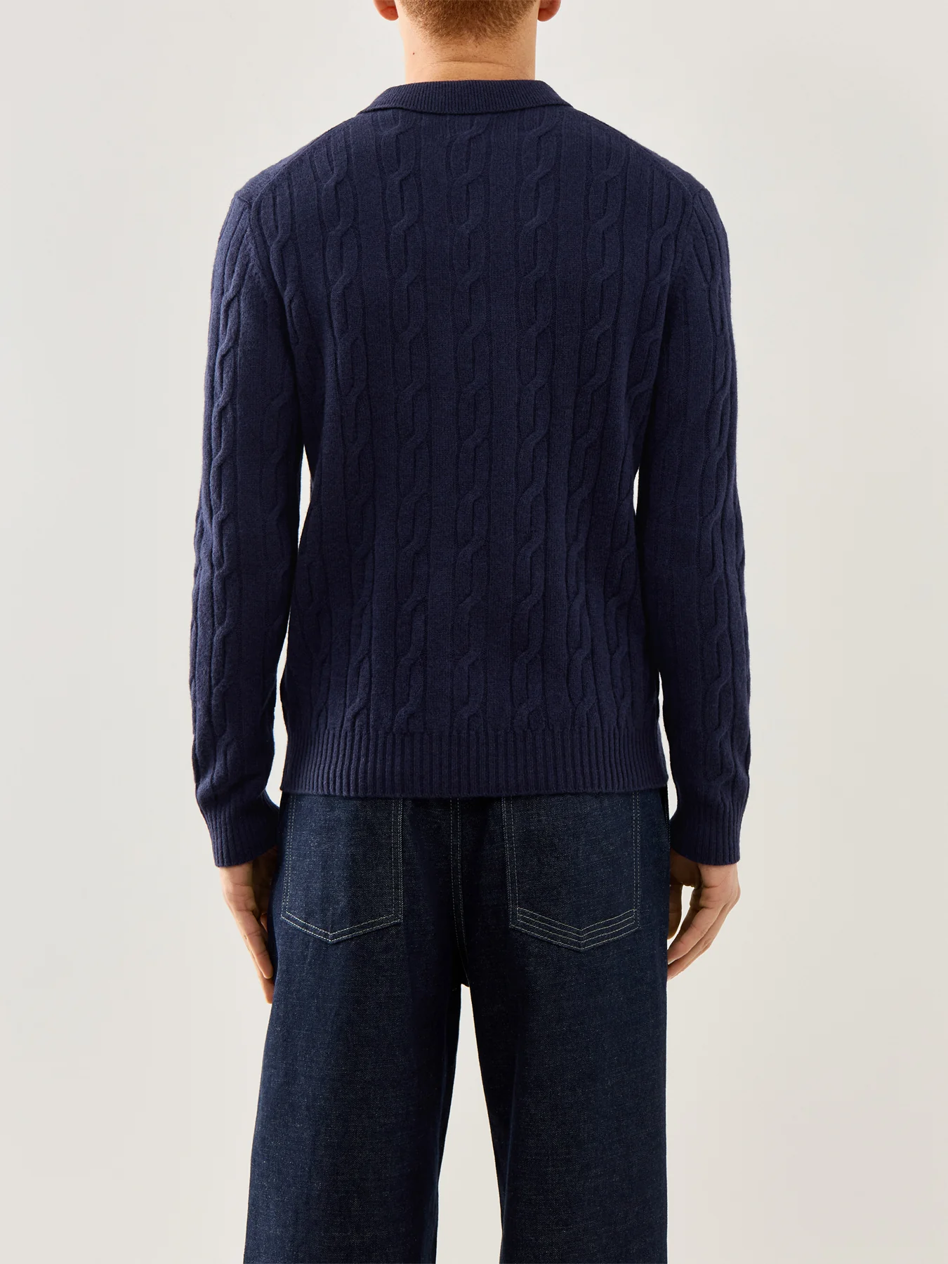 Lambswool Cable Polo Jumper Evening Blue - Image 5