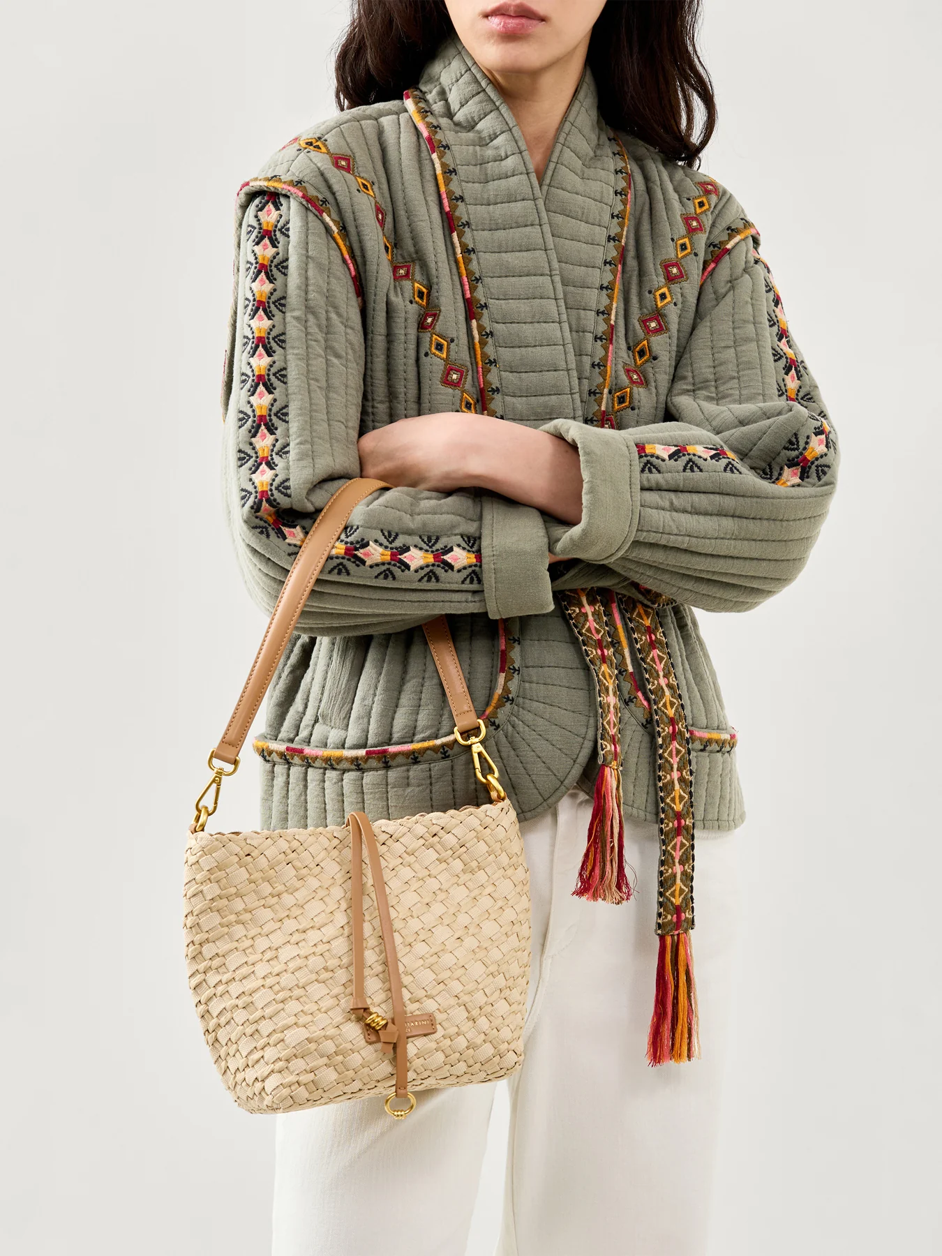 Mercy Straw Bucket Shoulder Bag Beige - Image 2