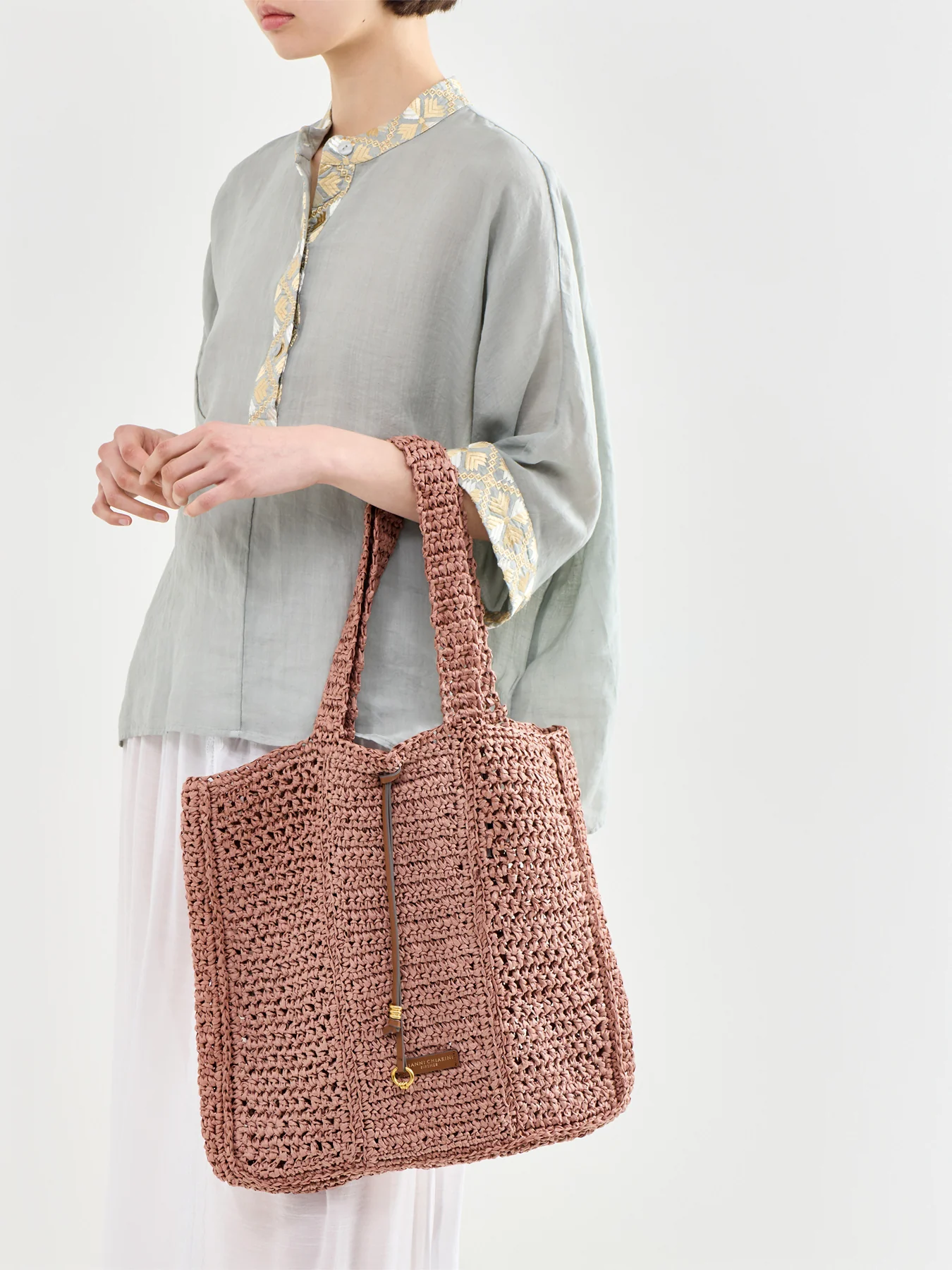 Nefeli Square Paper Straw Tote Bag Pink - Image 2