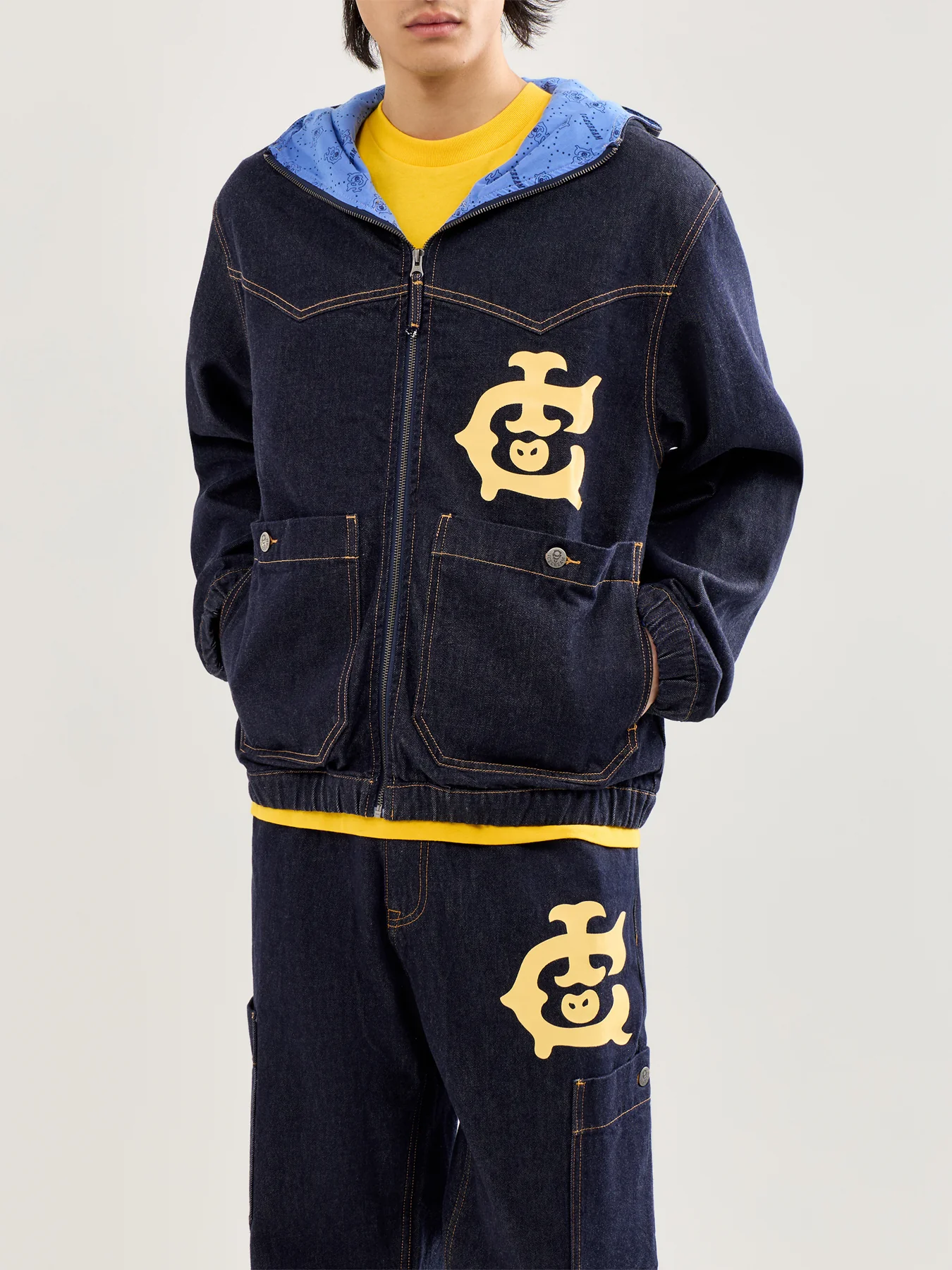 Western Panelled Zip Through Denim Jacket Indigo - Image 4