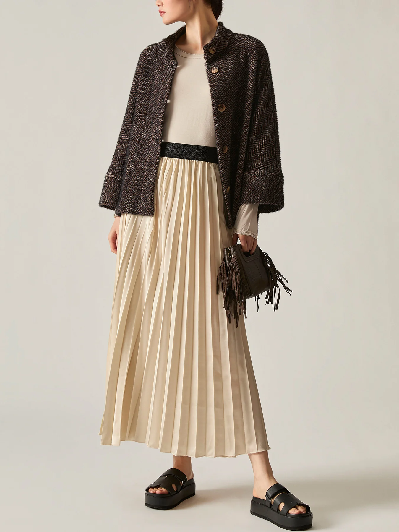 Pleated Maxi Skirt Beige - Image 2
