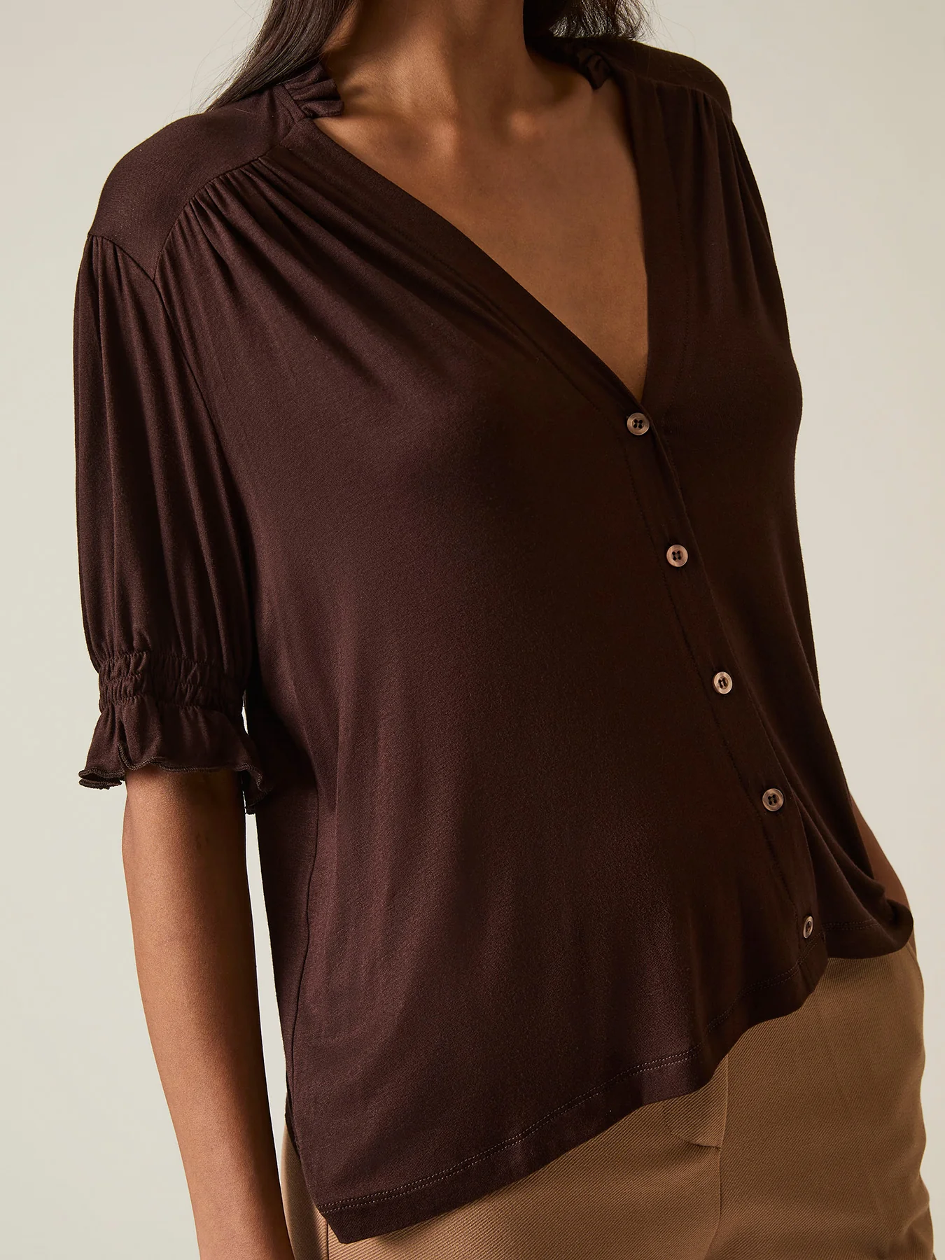 V-Neck Jersey Blouse Brown - Image 4